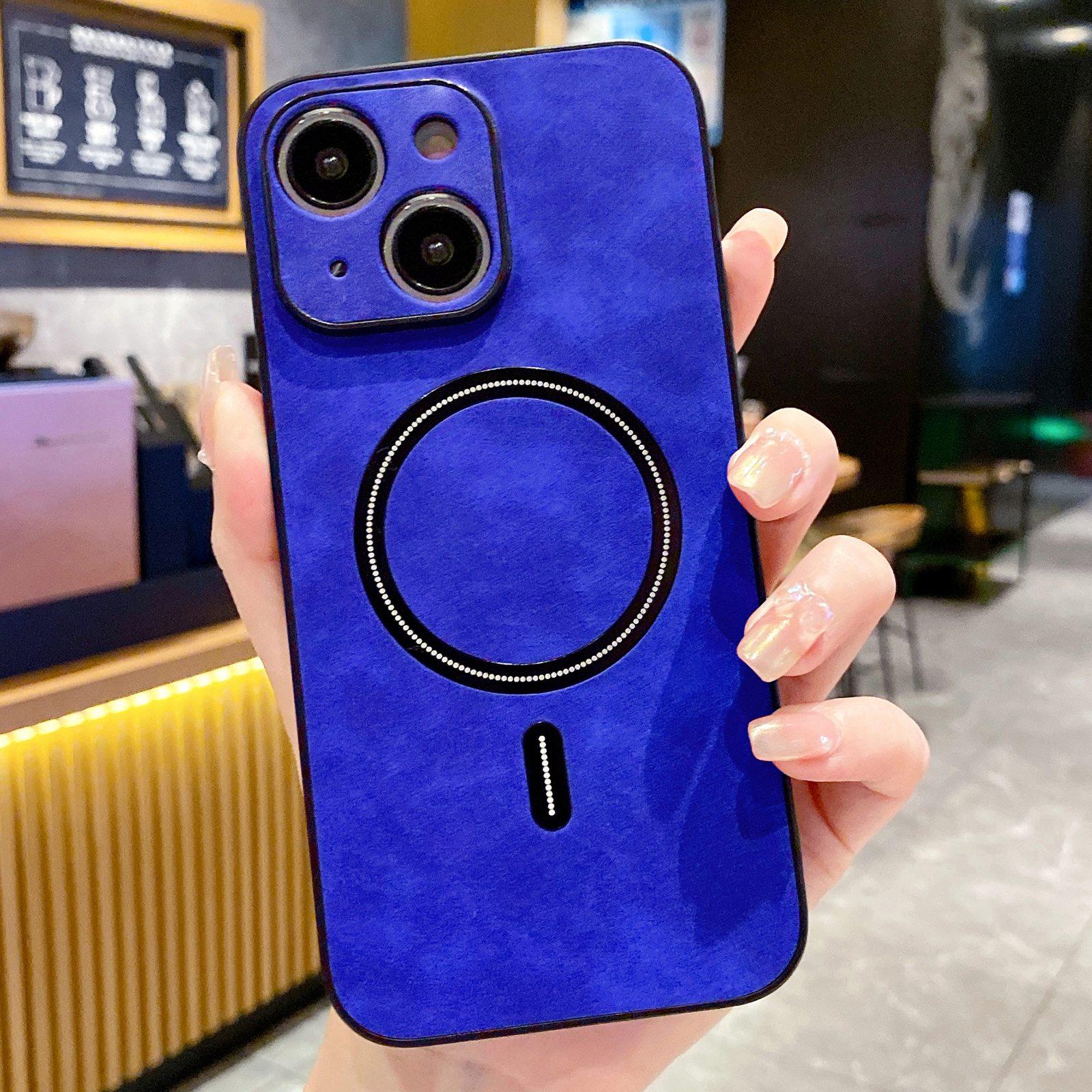 For iPhone 14 Plus Lambskin Faux Leather Magnetic Phone Case(Blue) - Shopkiz.com