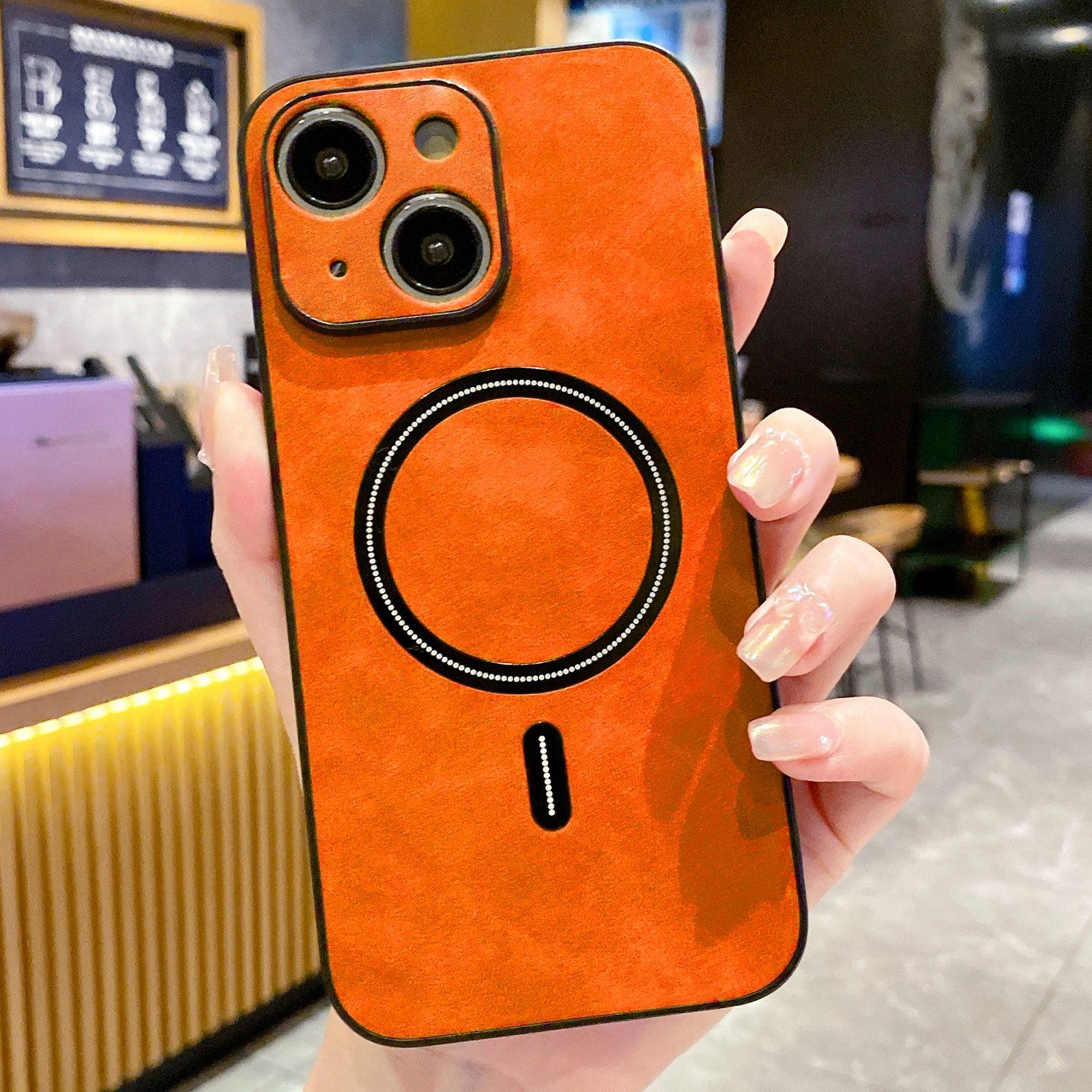 For iPhone 15 Lambskin Faux Leather Magnetic Phone Case(Orange) - Shopkiz.com