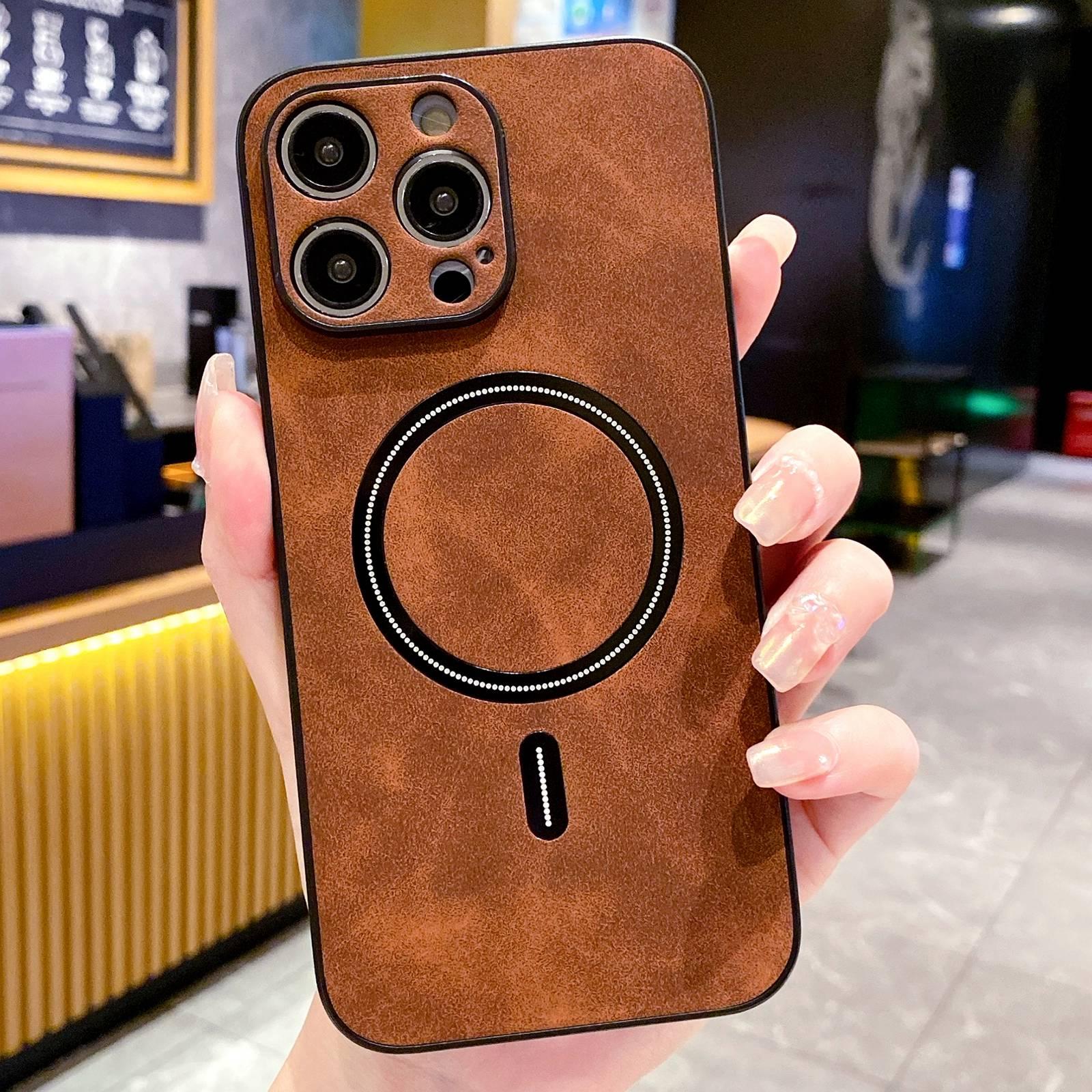 For iPhone 15 Pro Lambskin Faux Leather Magnetic Phone Case(Dark Brown) - Shopkiz.com
