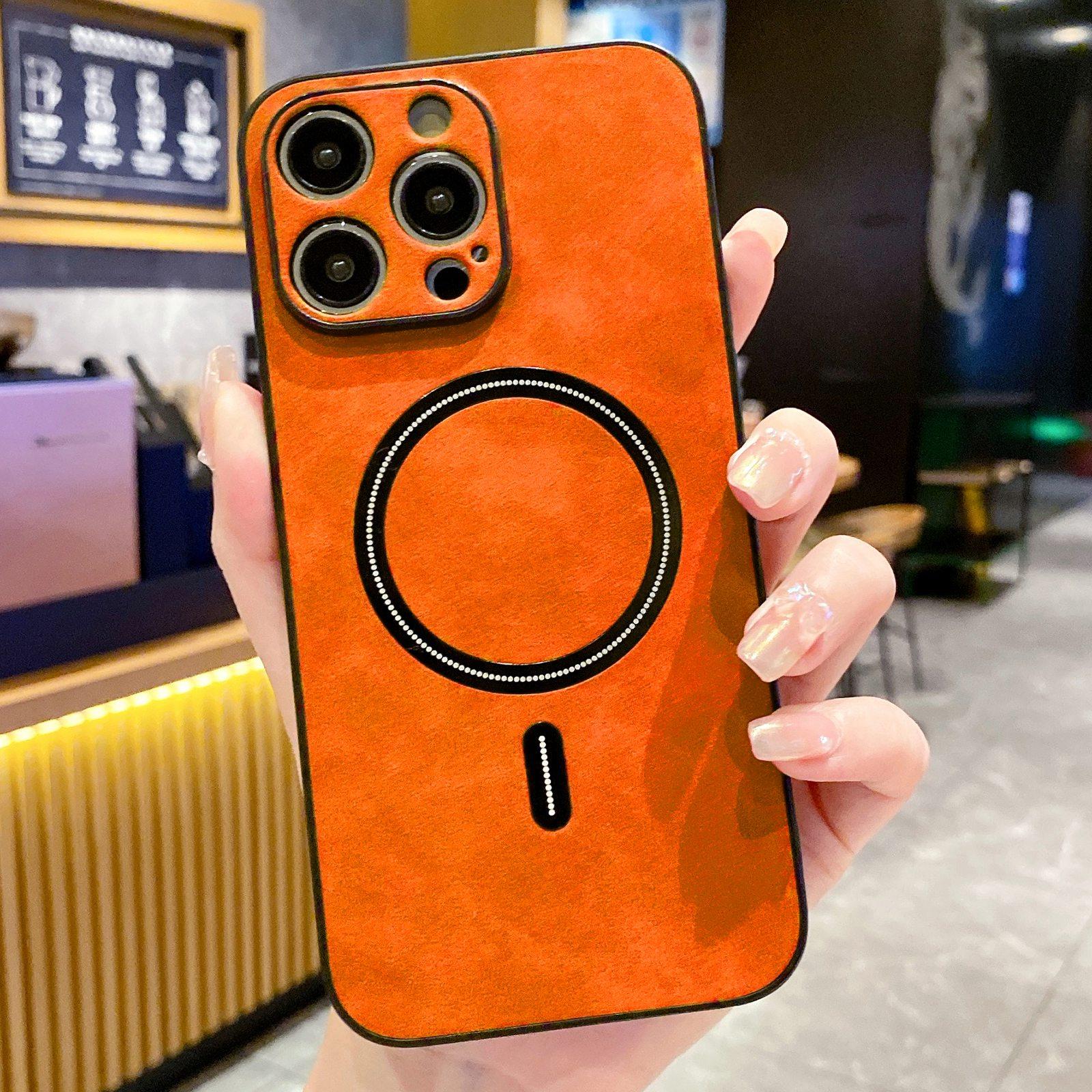 For iPhone 15 Pro Lambskin Faux Leather Magnetic Phone Case(Orange) - Shopkiz.com