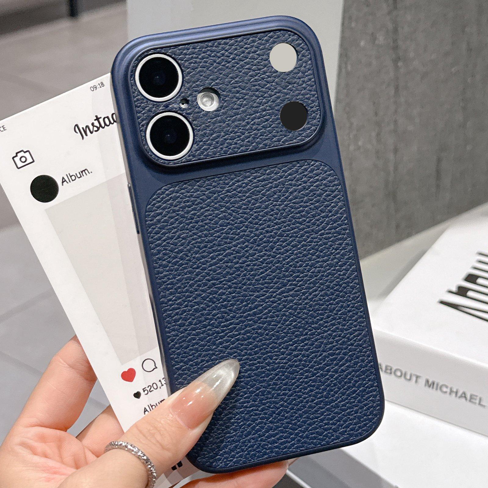 For iPhone 16 Plus Transforms Into 17 Series Large Window Frosted Lychee Texture Phone Case(Dark Blue) - Shopkiz.com