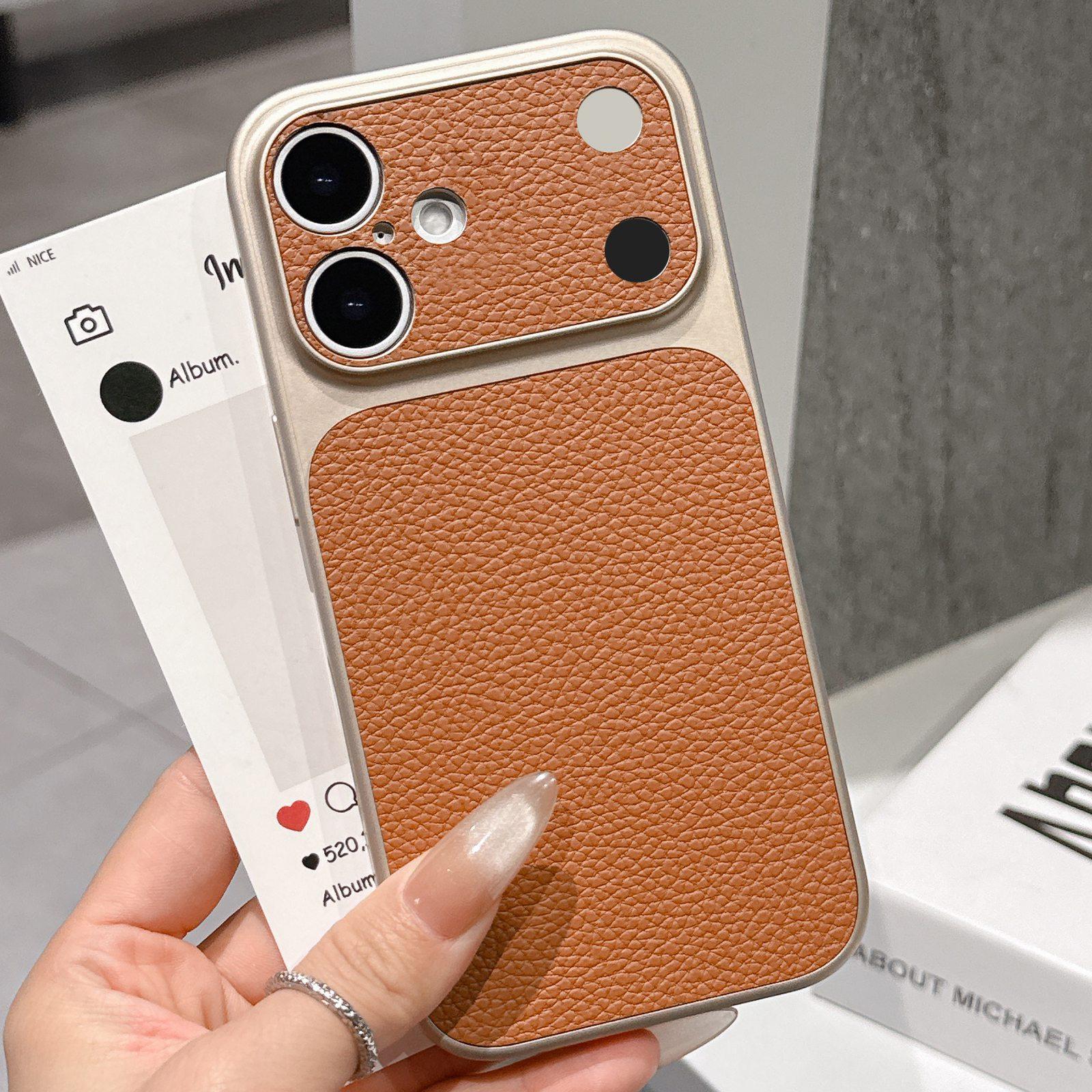 For iPhone 16 Plus Transforms Into 17 Series Large Window Frosted Lychee Texture Phone Case(Khaki) - Shopkiz.com