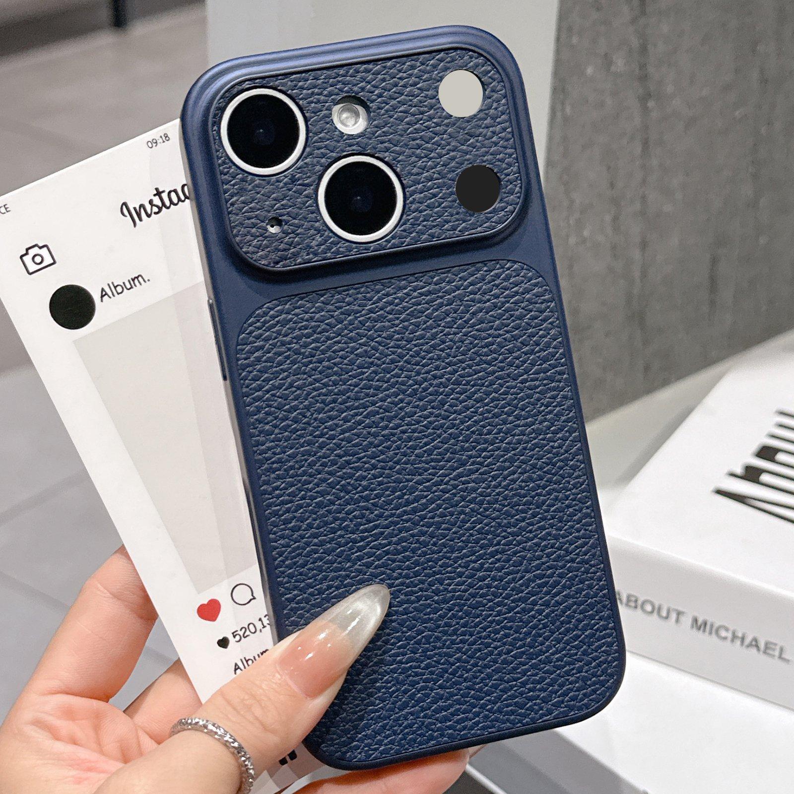 For iPhone 14 Transforms Into 17 Series Large Window Frosted Lychee Texture Phone Case(Dark Blue) - Shopkiz.com