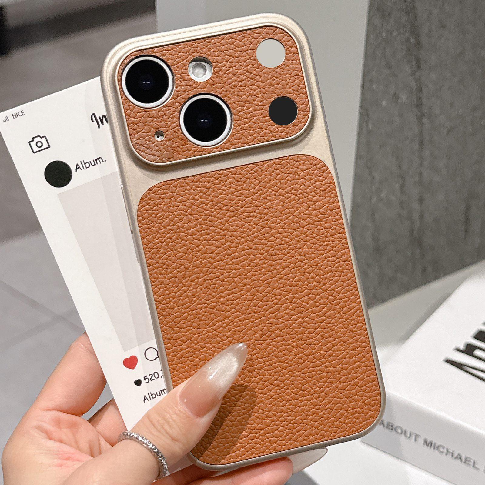 For iPhone 14 Transforms Into 17 Series Large Window Frosted Lychee Texture Phone Case(Khaki) - Shopkiz.com