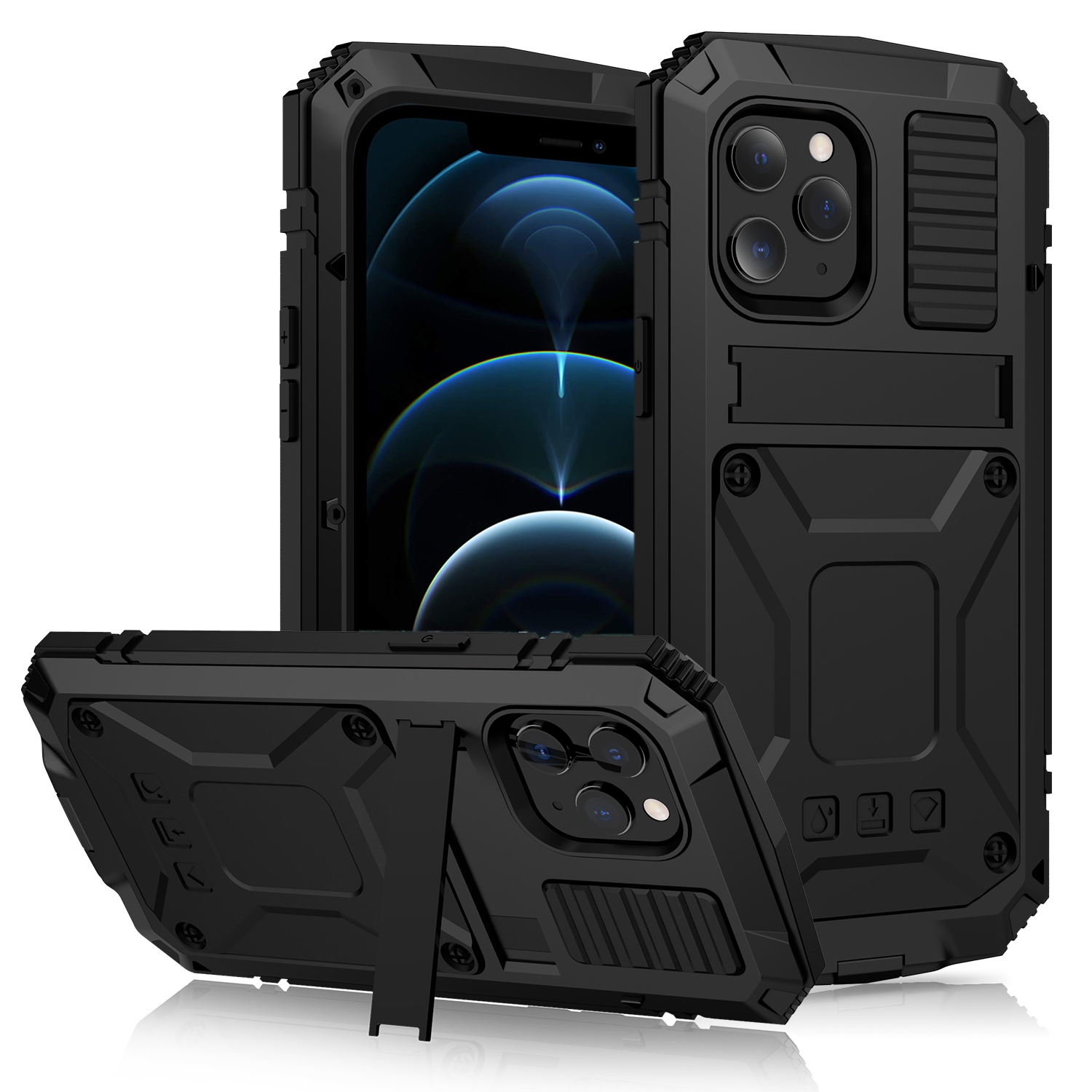 For iPhone 12 Pro Max R-JUST Shockproof Waterproof Dust-proof Metal + Silicone Protective Case with Holder(Black) - Shopkiz.com