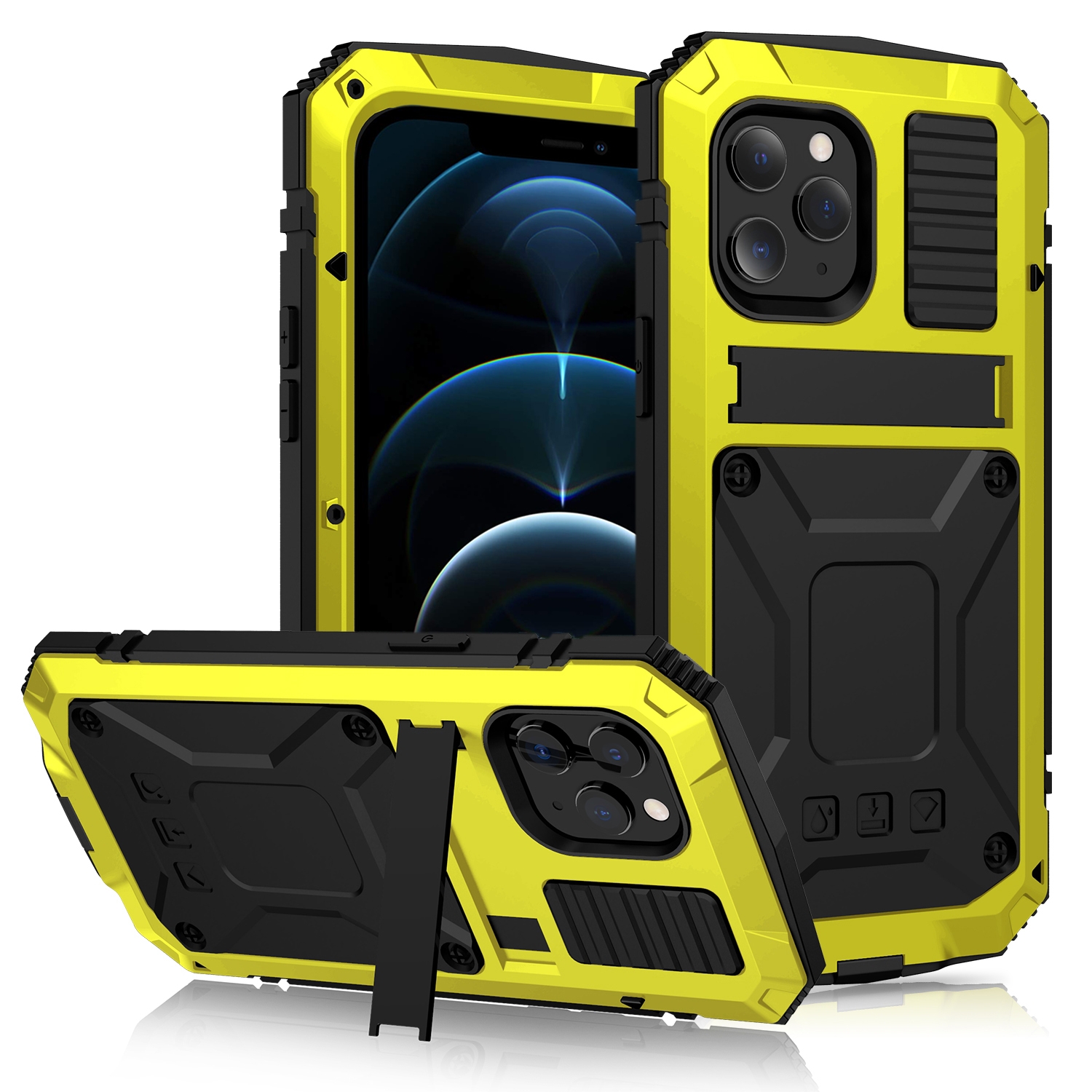 For iPhone 12 Pro Max R-JUST Shockproof Waterproof Dust-proof Metal + Silicone Protective Case with Holder(Yellow) - Shopkiz.com