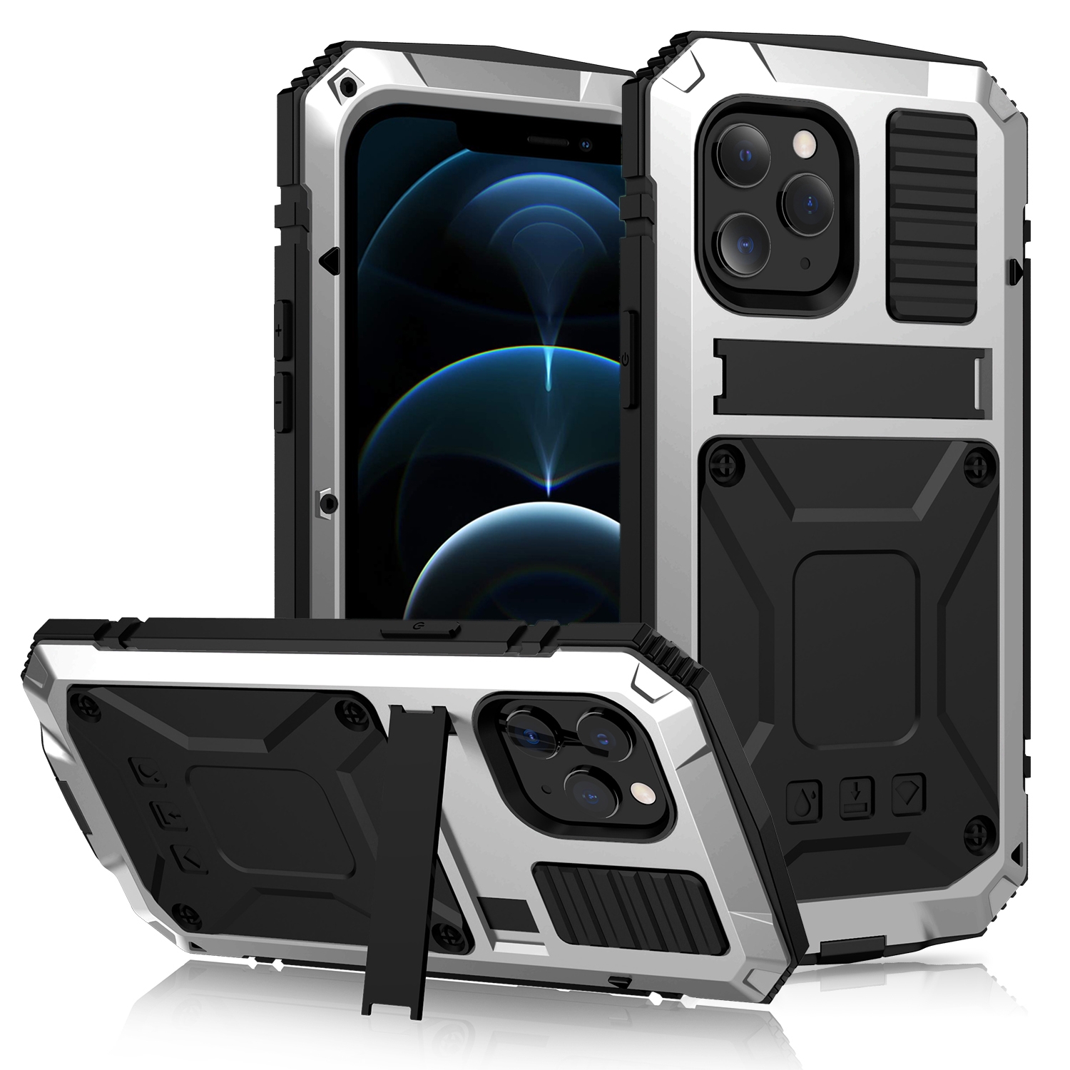 For iPhone 12 Pro Max R-JUST Shockproof Waterproof Dust-proof Metal + Silicone Protective Case with Holder(Silver) - Shopkiz.com