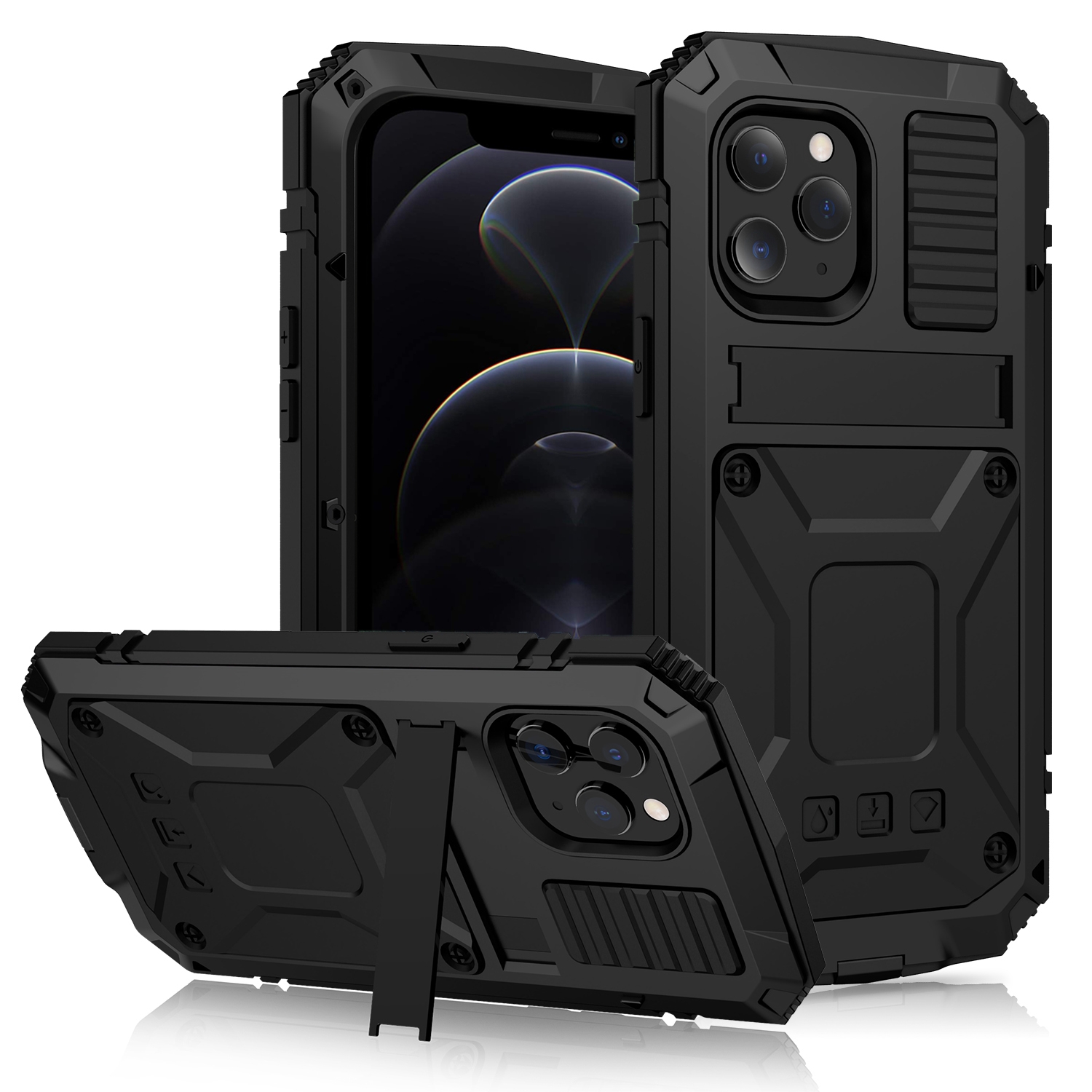 For iPhone 12 / 12 Pro R-JUST Shockproof Waterproof Dust-proof Metal + Silicone Protective Case with Holder(Black) - Shopkiz.com