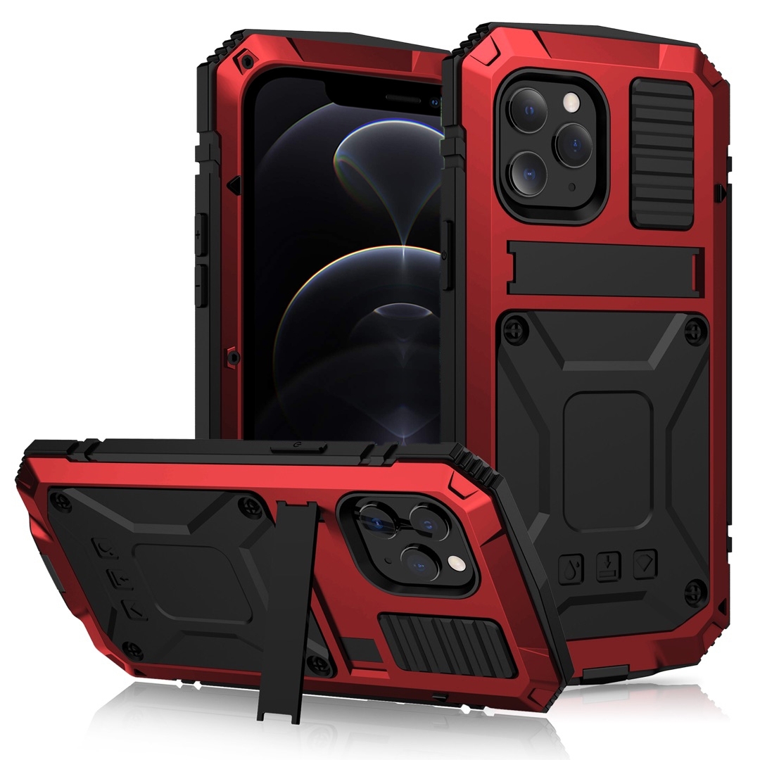 For iPhone 12 / 12 Pro R-JUST Shockproof Waterproof Dust-proof Metal + Silicone Protective Case with Holder(Red) - Shopkiz.com
