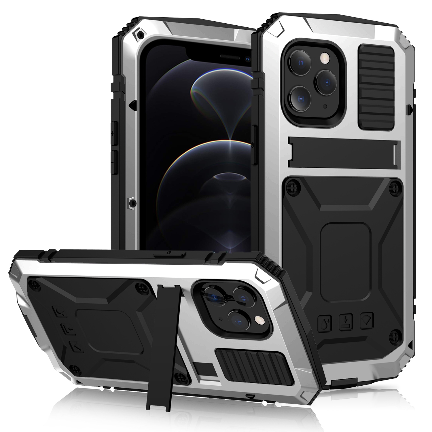 For iPhone 12 / 12 Pro R-JUST Shockproof Waterproof Dust-proof Metal + Silicone Protective Case with Holder(Silver) - Shopkiz.com
