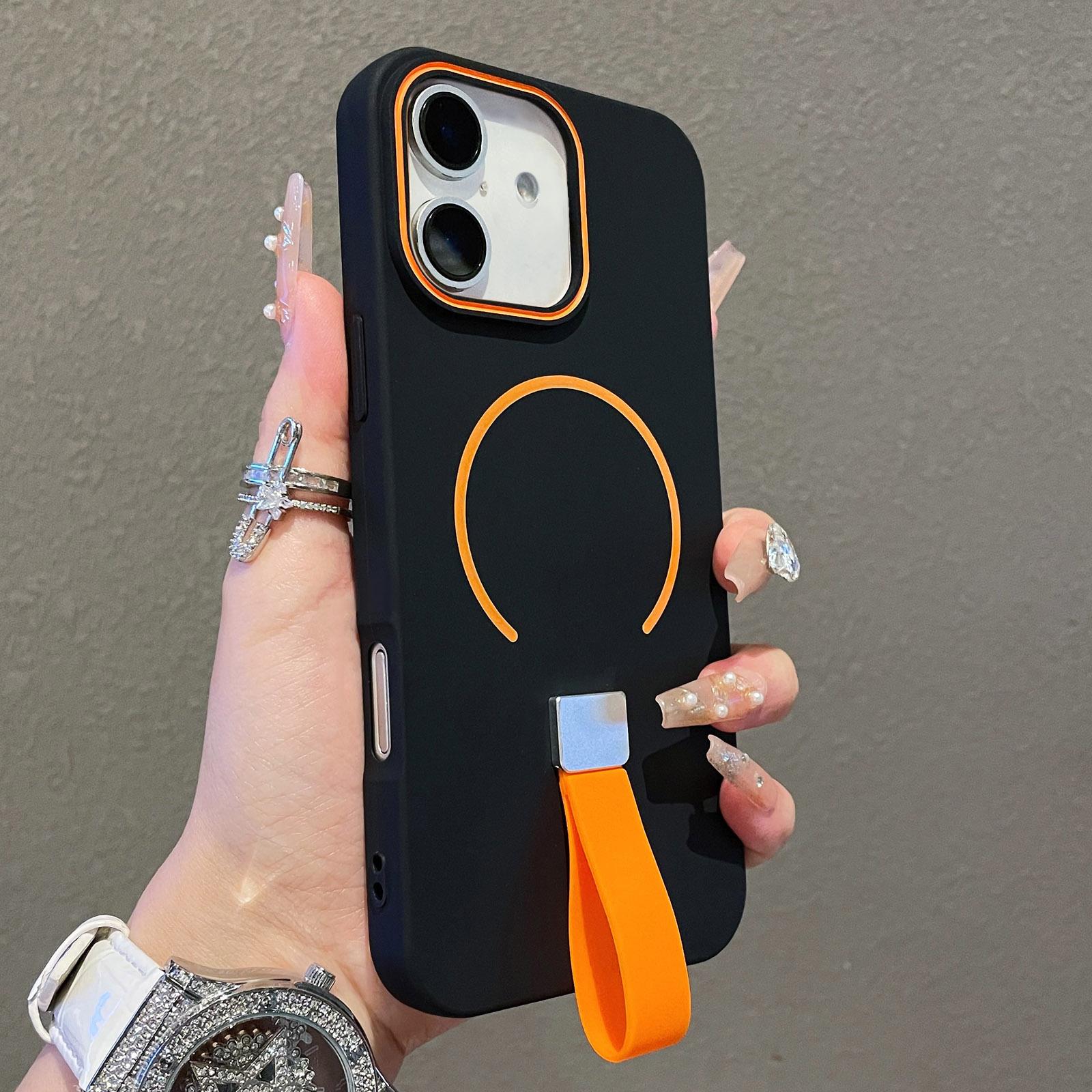 For iPhone 16 Skin-feel Magnetic TPU Phone Case with Silicone Strap(Black) - Shopkiz.com