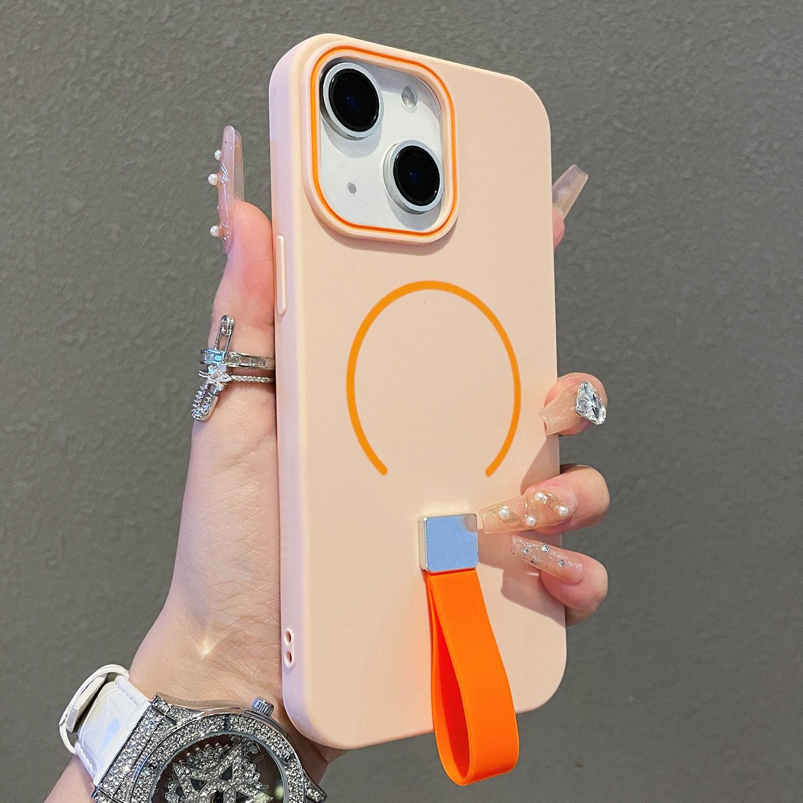 For iPhone 15 Plus Skin-feel Magnetic TPU Phone Case with Silicone Strap(Pink) - Shopkiz.com
