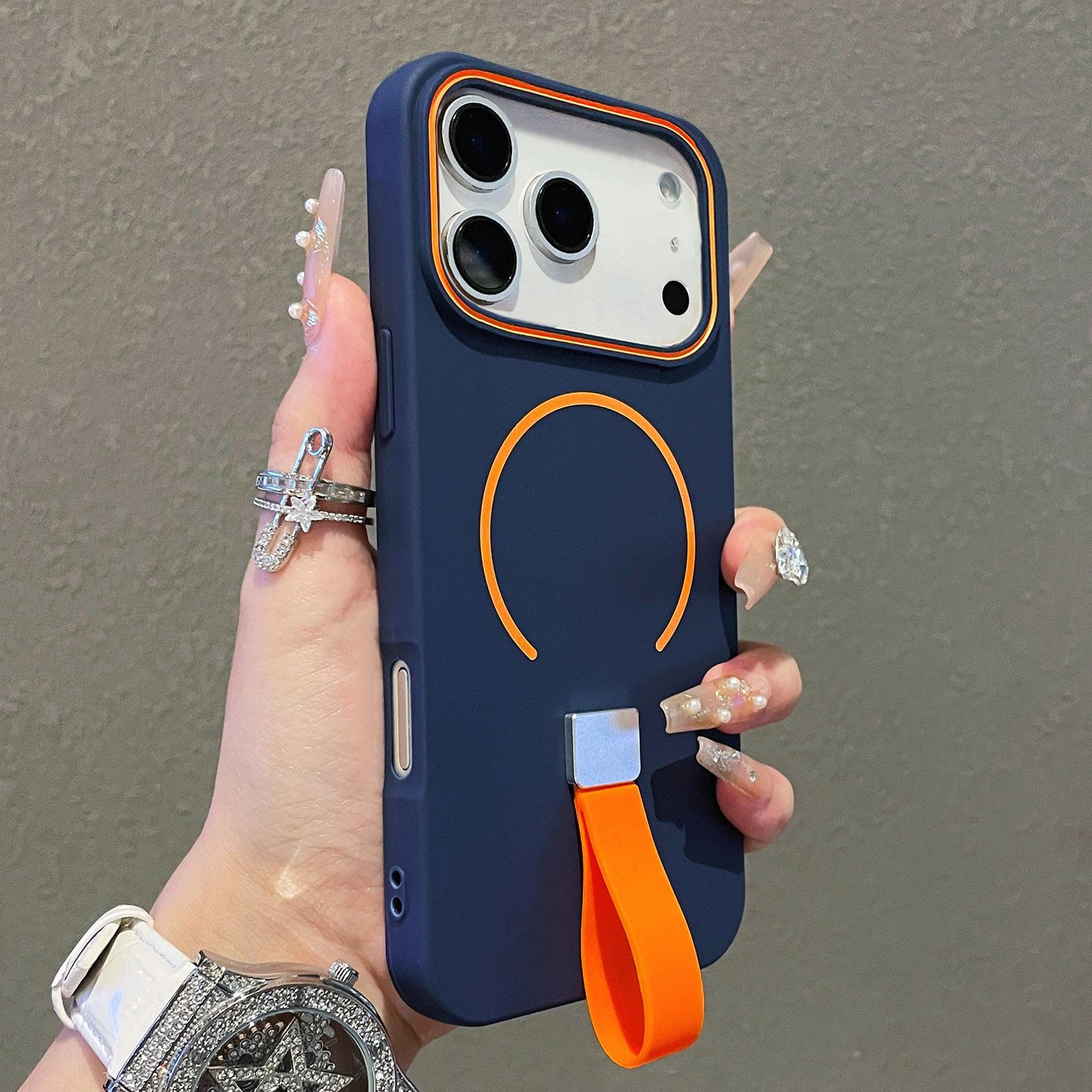 For iPhone 18 Pro Skin-feel Magnetic TPU Phone Case with Silicone Strap(Dark Blue) - Shopkiz.com