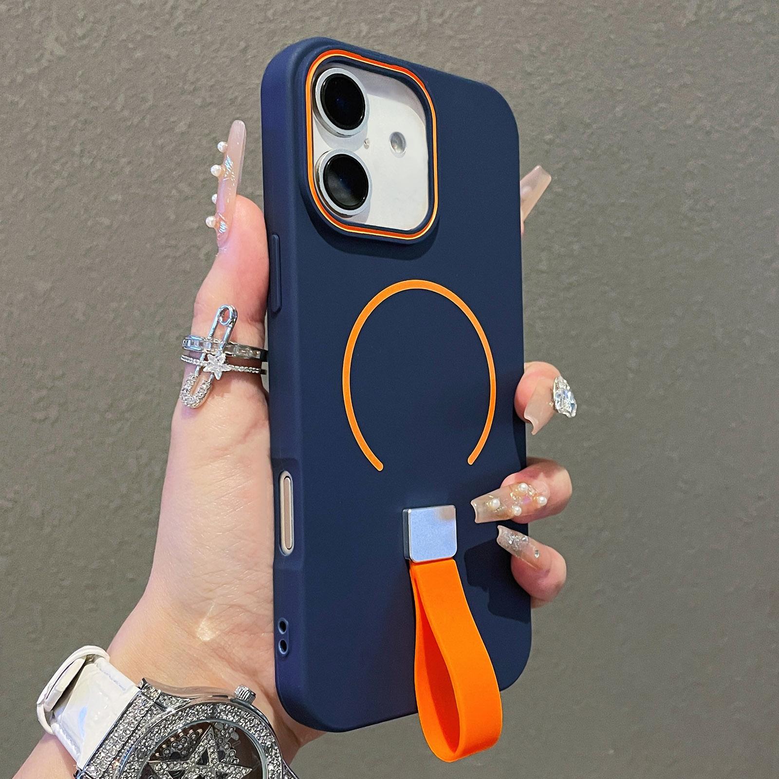 For iPhone 18 Skin-feel Magnetic TPU Phone Case with Silicone Strap(Dark Blue) - Shopkiz.com