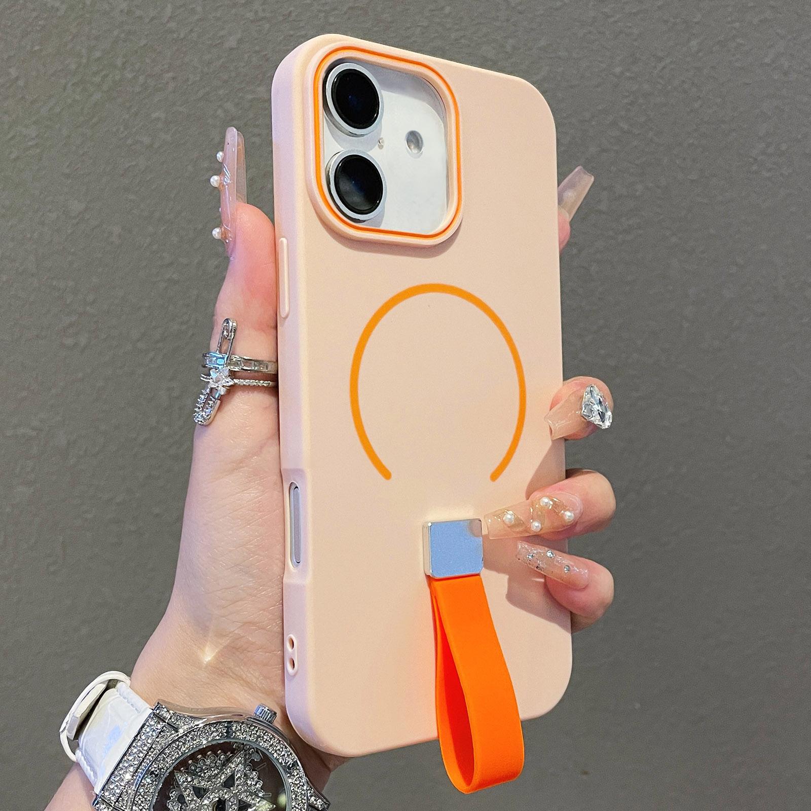 For iPhone 18 Skin-feel Magnetic TPU Phone Case with Silicone Strap(Pink) - Shopkiz.com