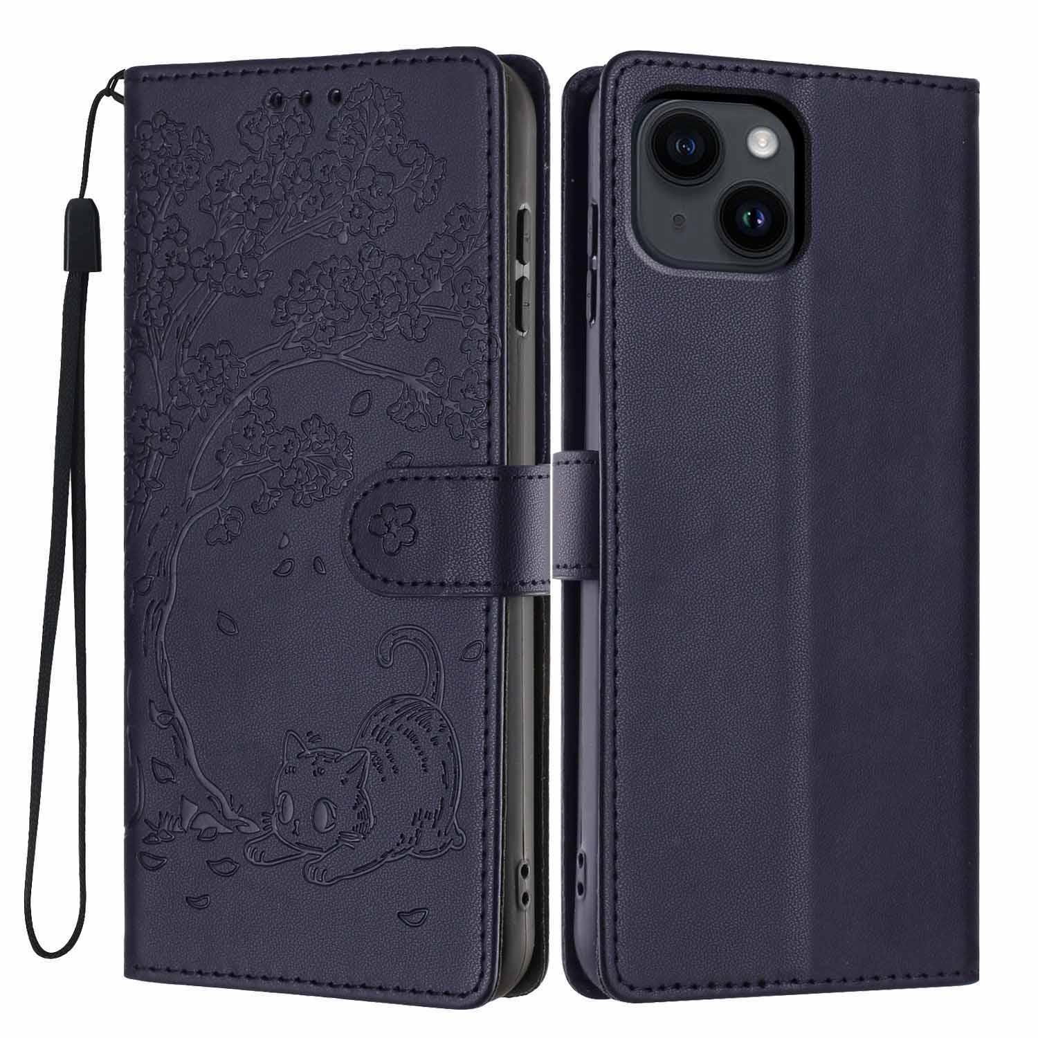For iPhone 15 Plus Tree Cat Embossed Flip Vegan Leather Phone Case(Dark Blue) - Shopkiz.com