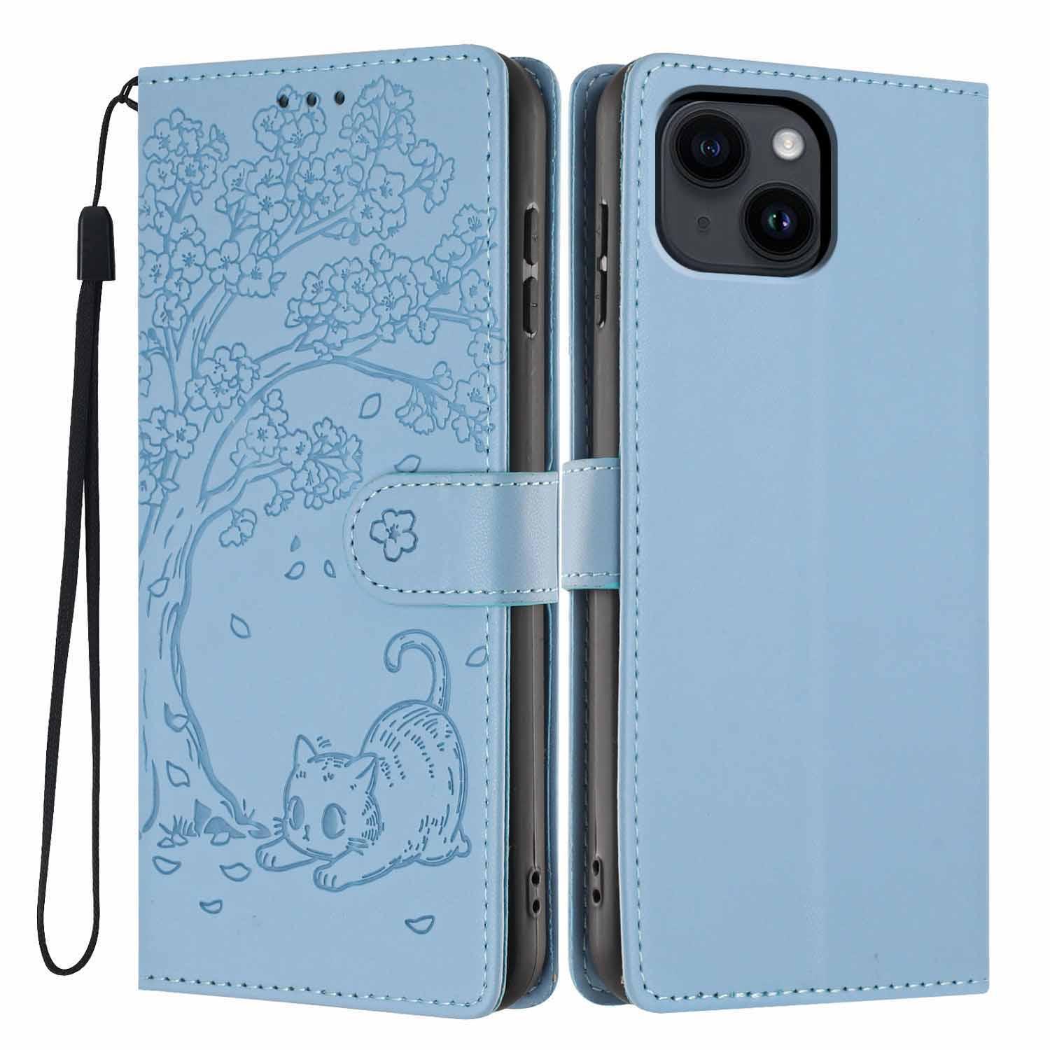 For iPhone 13 Tree Cat Embossed Flip Vegan Leather Phone Case(Sky Blue) - Shopkiz.com