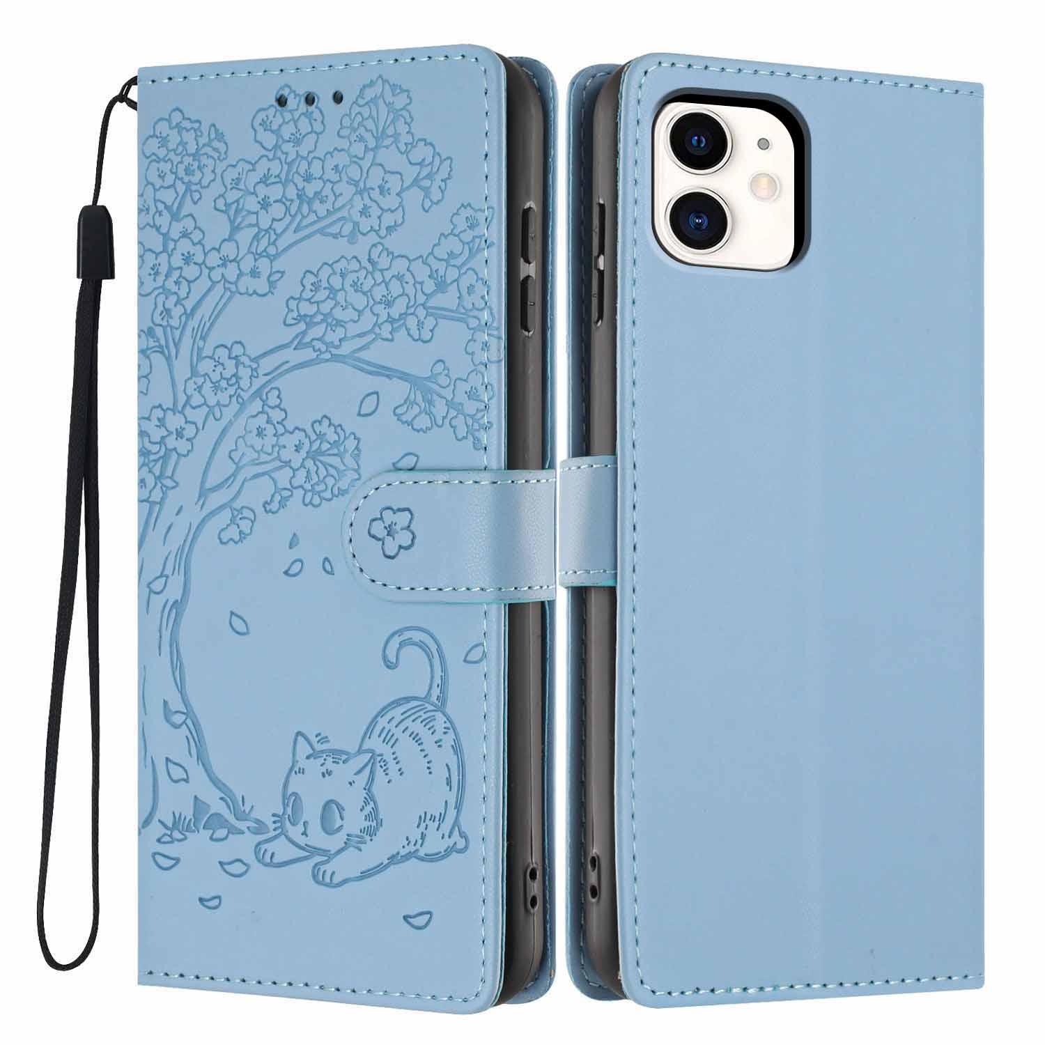 For iPhone 11 Tree Cat Embossed Flip Vegan Leather Phone Case(Sky Blue) - Shopkiz.com