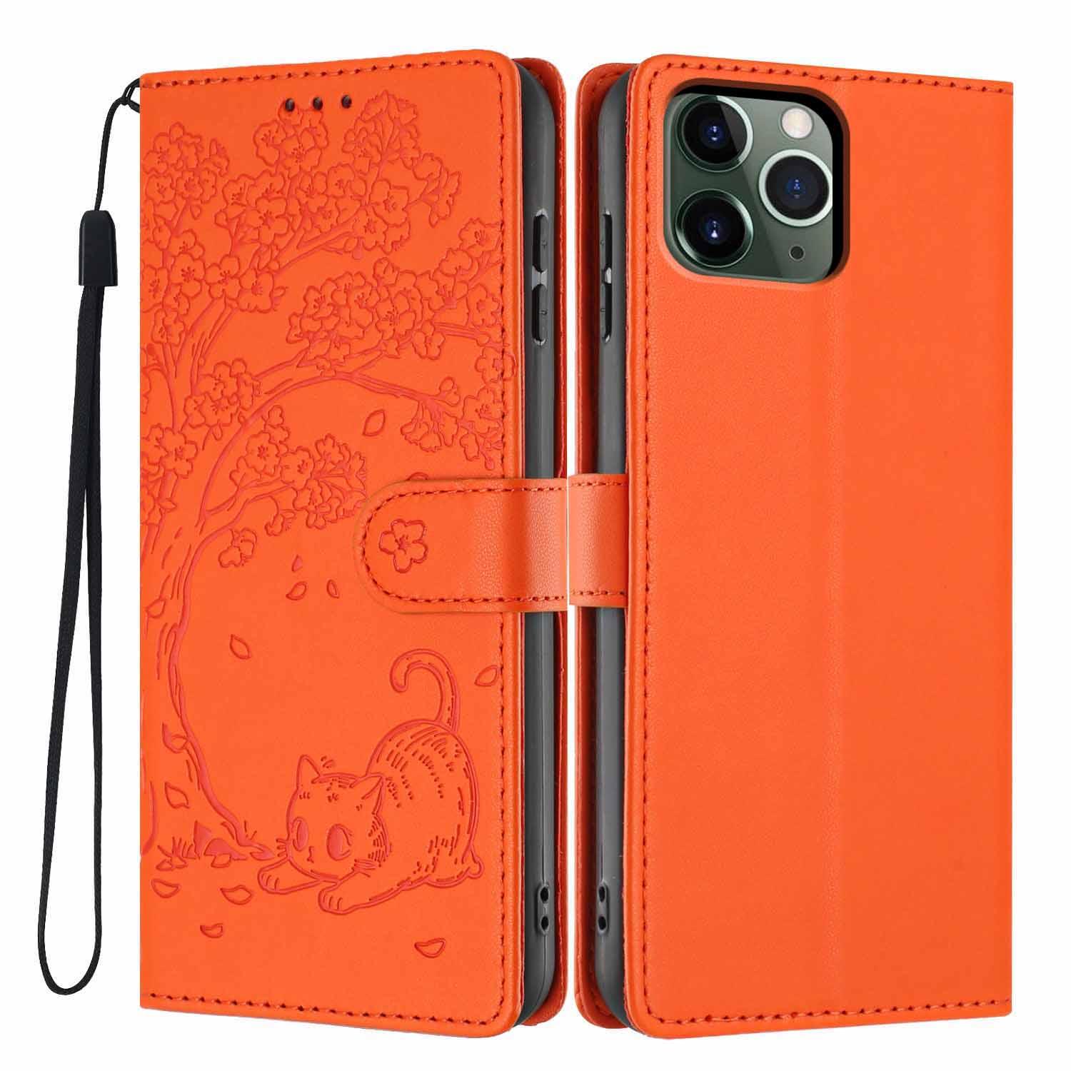 For iPhone 11 Pro Tree Cat Embossed Flip Vegan Leather Phone Case(Orange) - Shopkiz.com