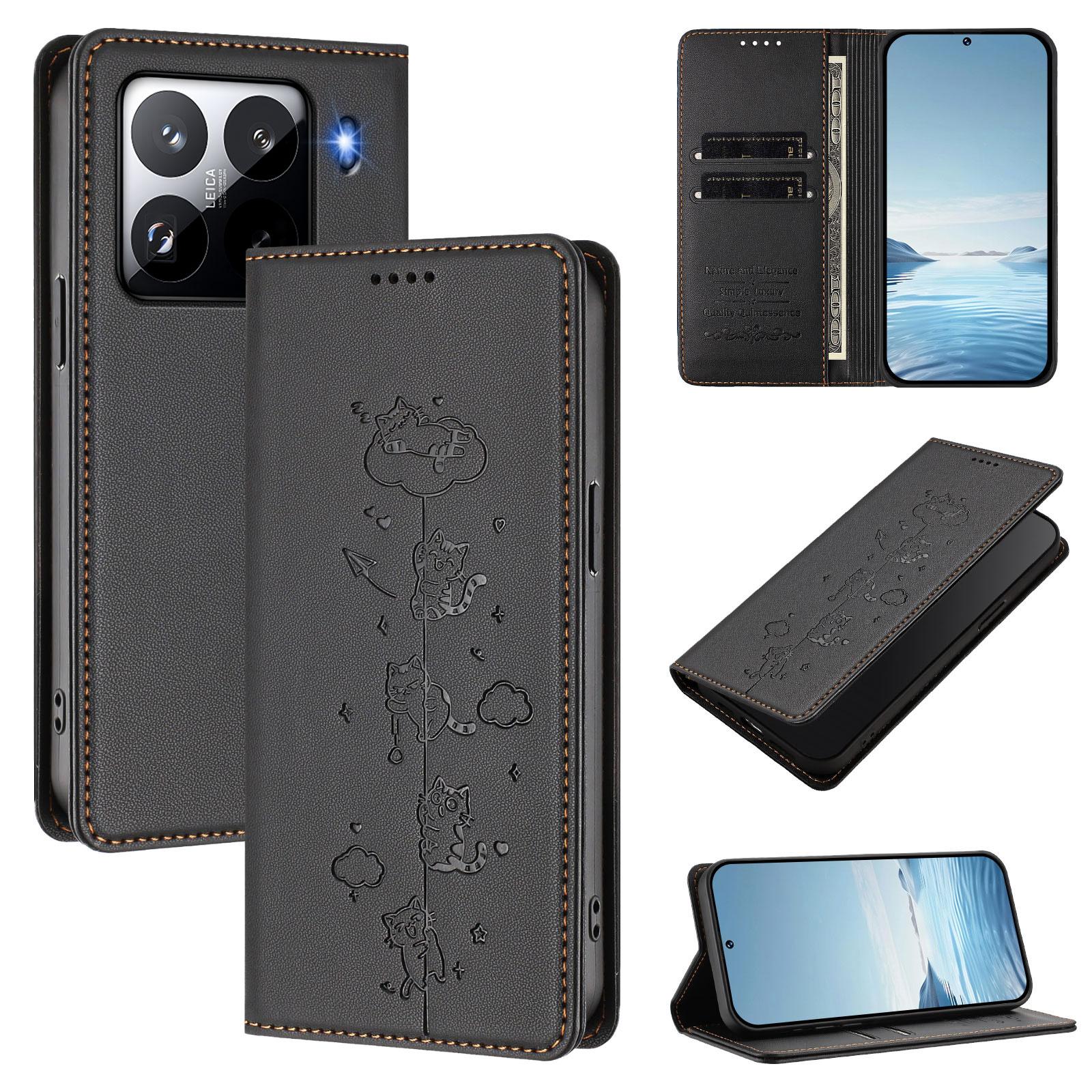 For Xiaomi 15 Pro Cute Cats Embossed Magnetic RFID Vegan Leather Phone Case(Black)
