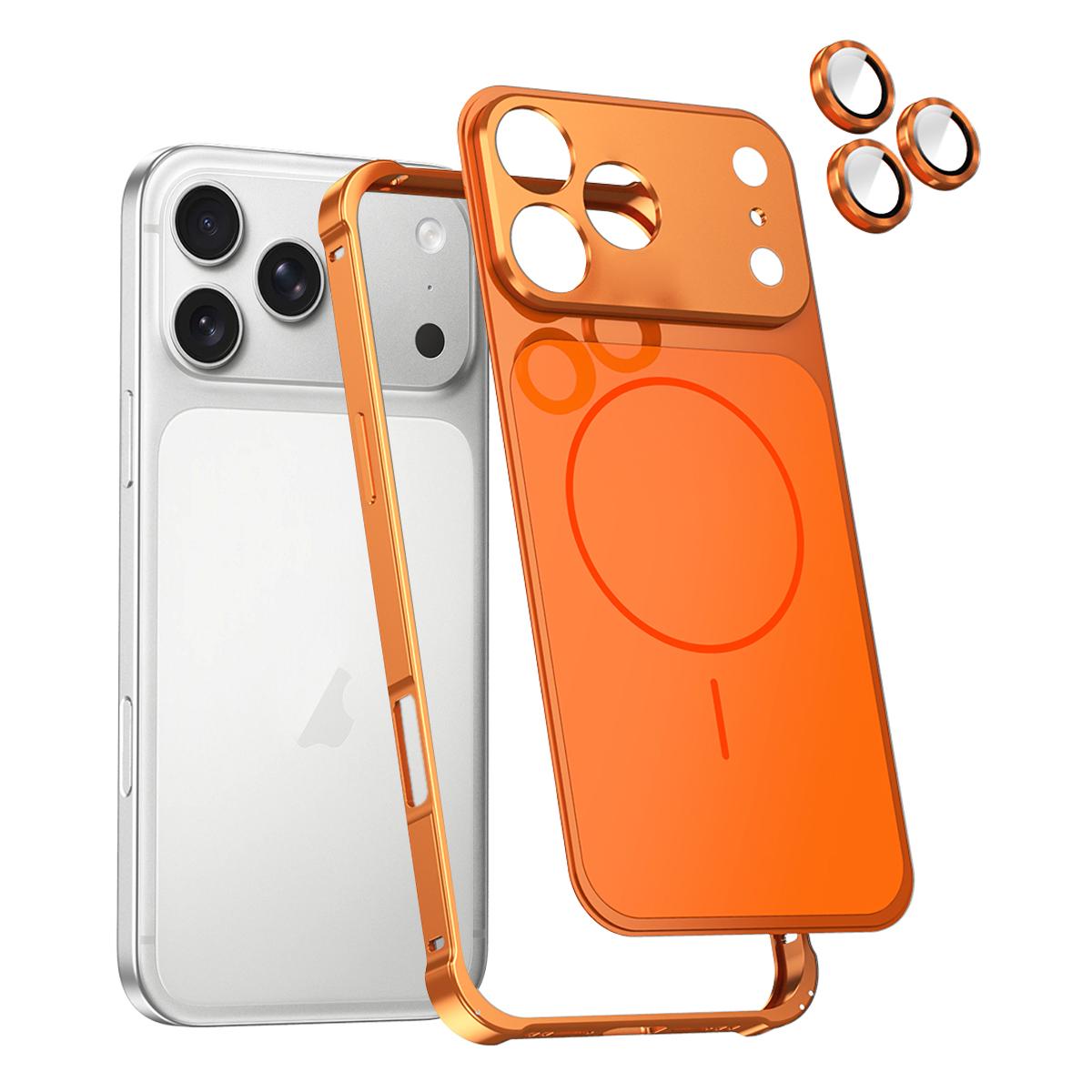 For iPhone 17 Pro Max Change to 17 Series X1 Metal Frame + Lens Magnetic Phone Case(Orange) - Shopkiz.com