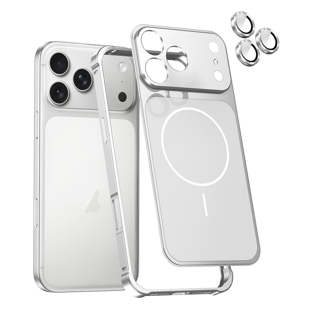 For iPhone 17 Pro Max Change to 17 Series X1 Metal Frame + Lens Magnetic Phone Case(Silver) - Shopkiz.com