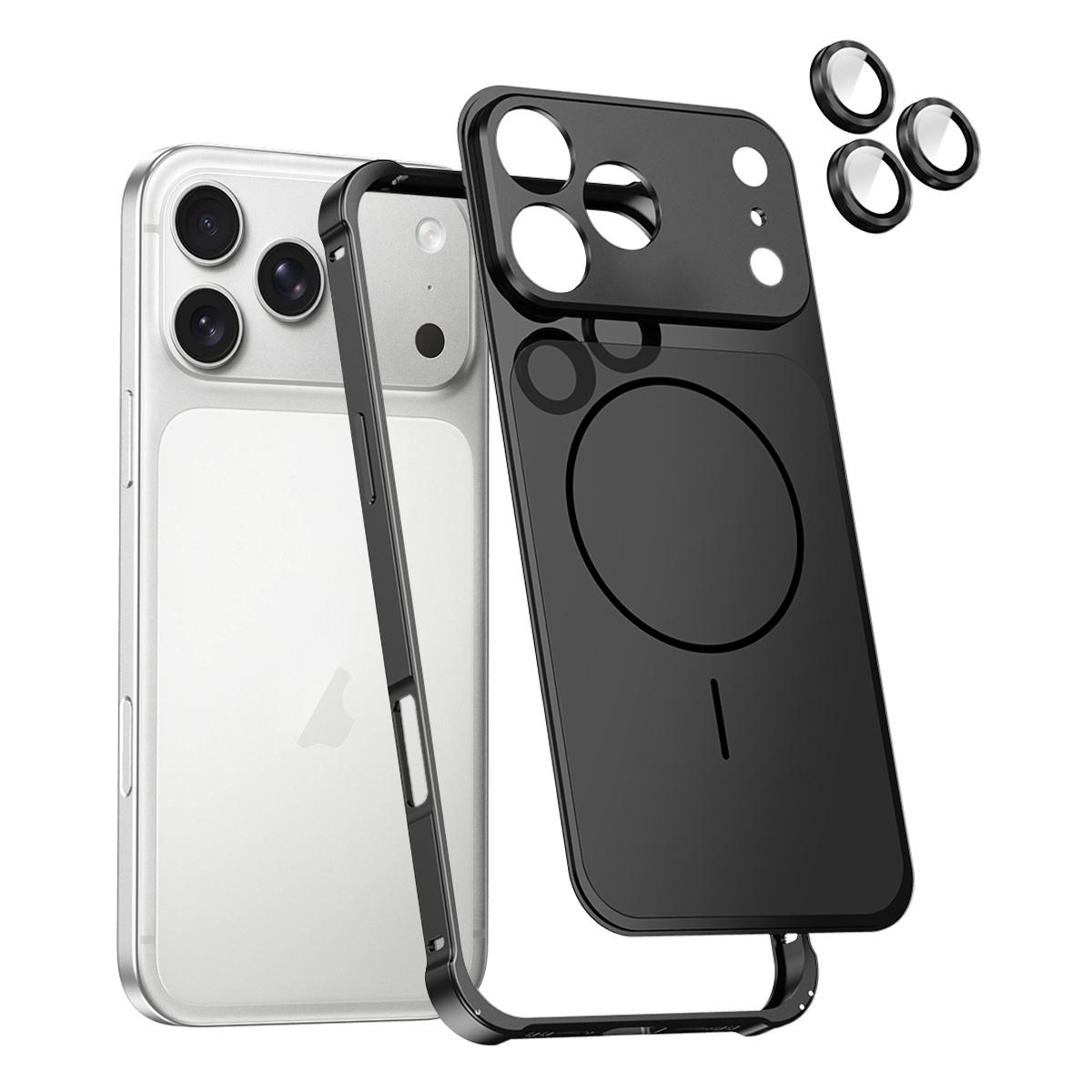 For iPhone 17 Pro Change to 17 Series X1 Metal Frame + Lens Magnetic Phone Case(Black) - Shopkiz.com