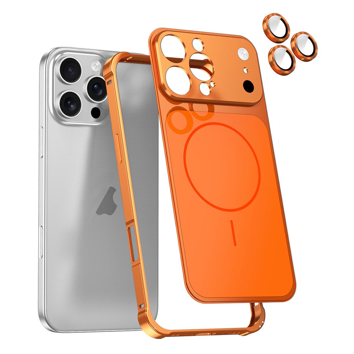For iPhone 16 Pro Change to 17 Series X1 Metal Frame + Lens Magnetic Phone Case(Orange) - Shopkiz.com