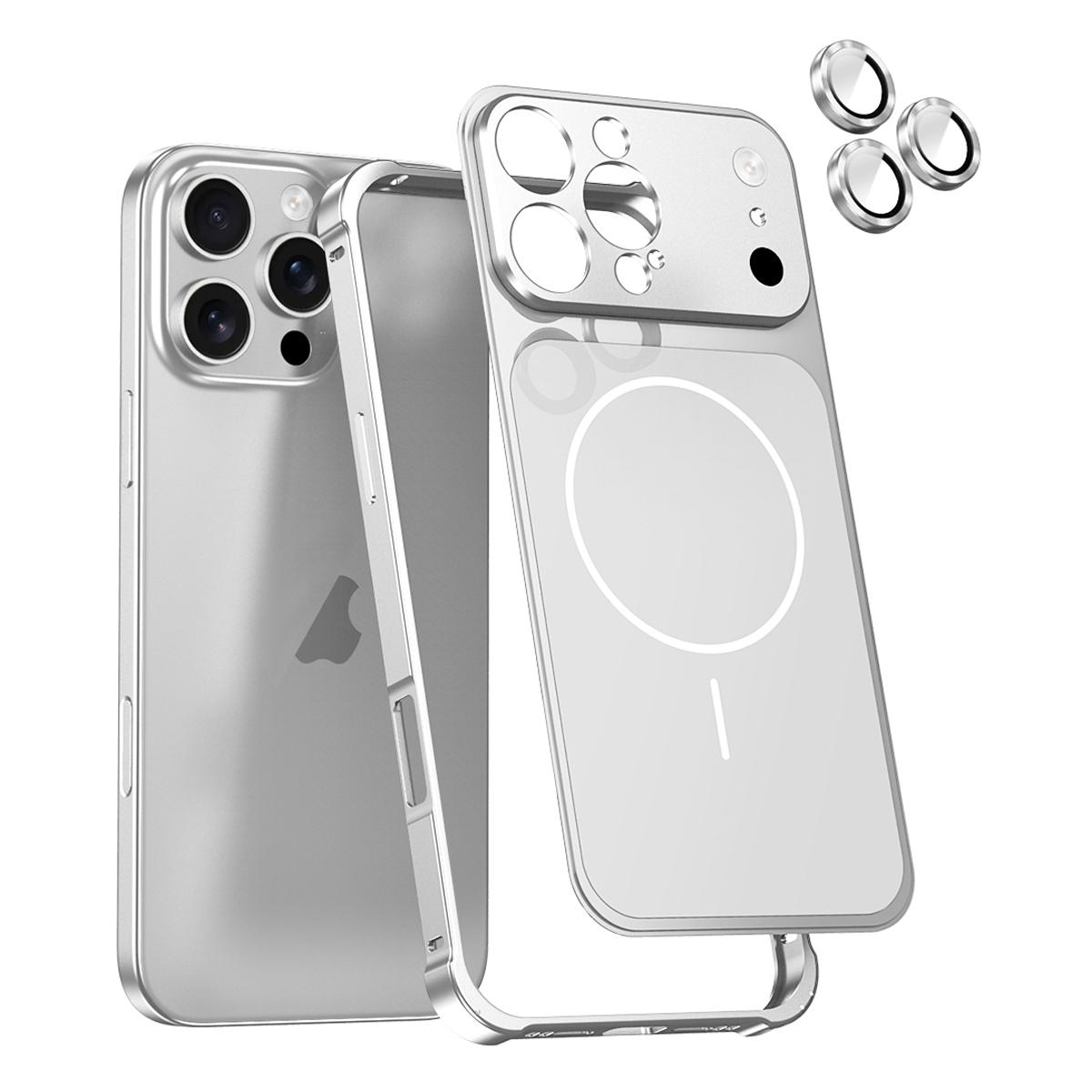 For iPhone 16 Pro Change to 17 Series X1 Metal Frame + Lens Magnetic Phone Case(Silver) - Shopkiz.com