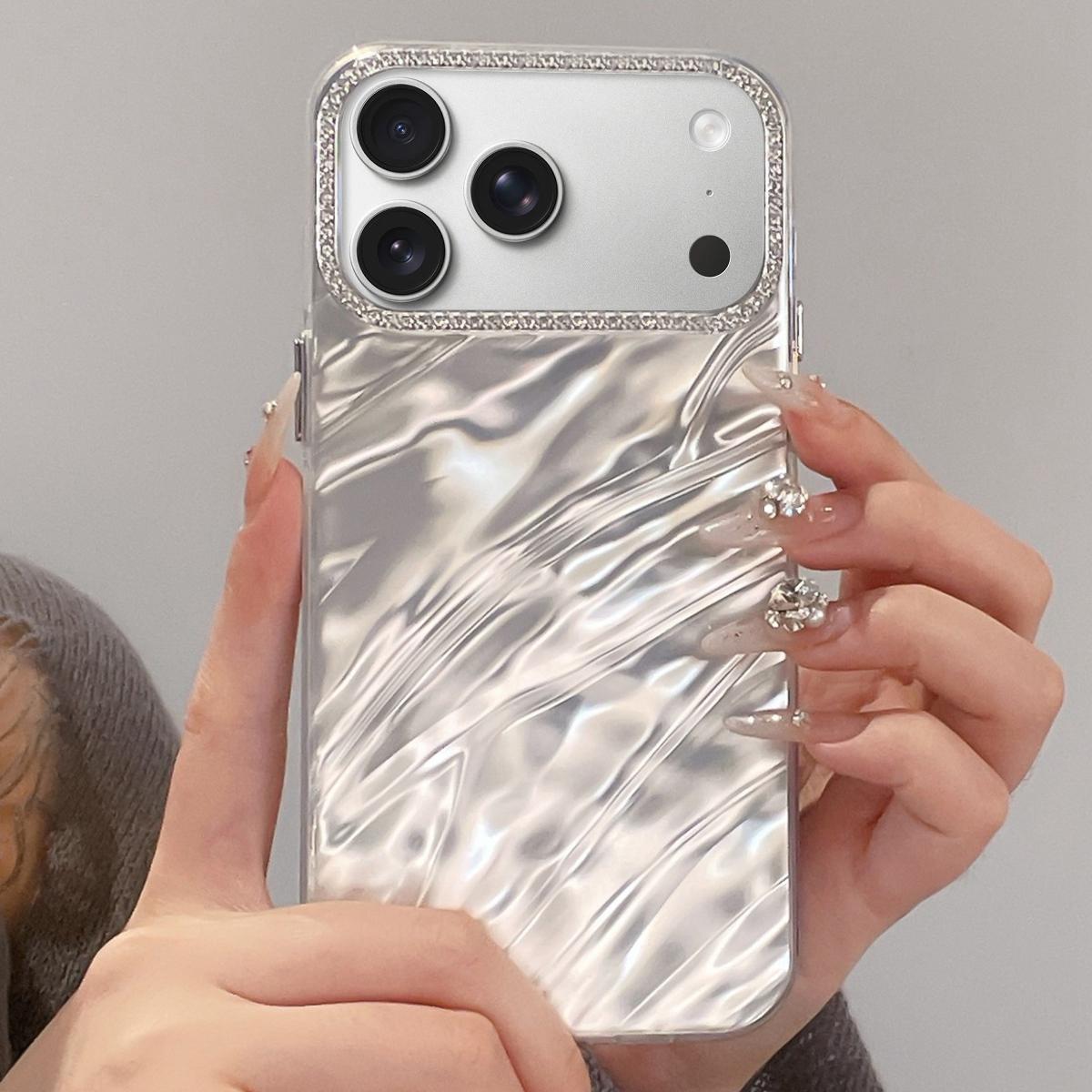 For iPhone 17 Pro Max Rhinestone Lens Frame Wrinkled Design Phone Case(Transparent) - Shopkiz.com