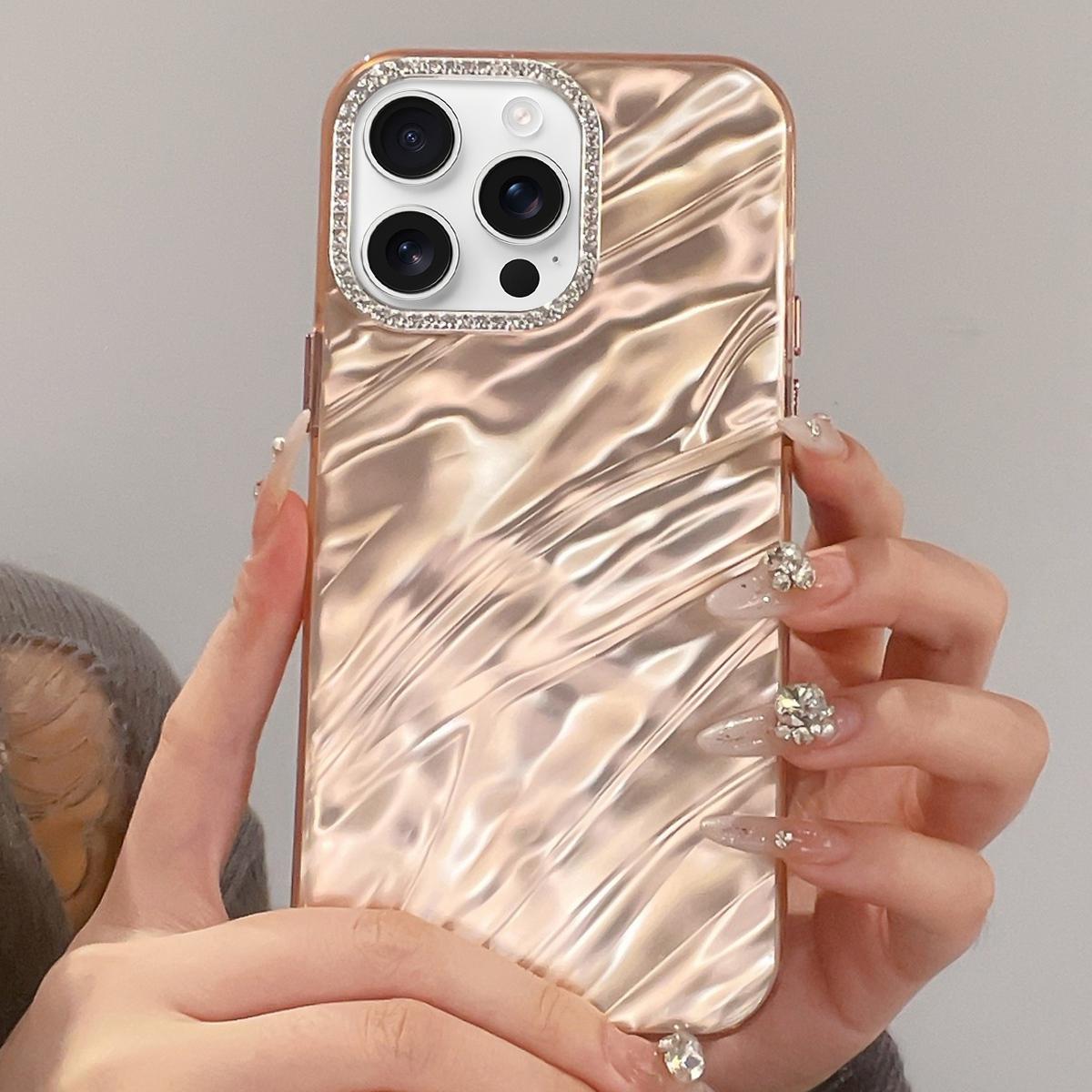 For iPhone 16 Pro Rhinestone Lens Frame Wrinkled Design Phone Case(Transparent Pink) - Shopkiz.com