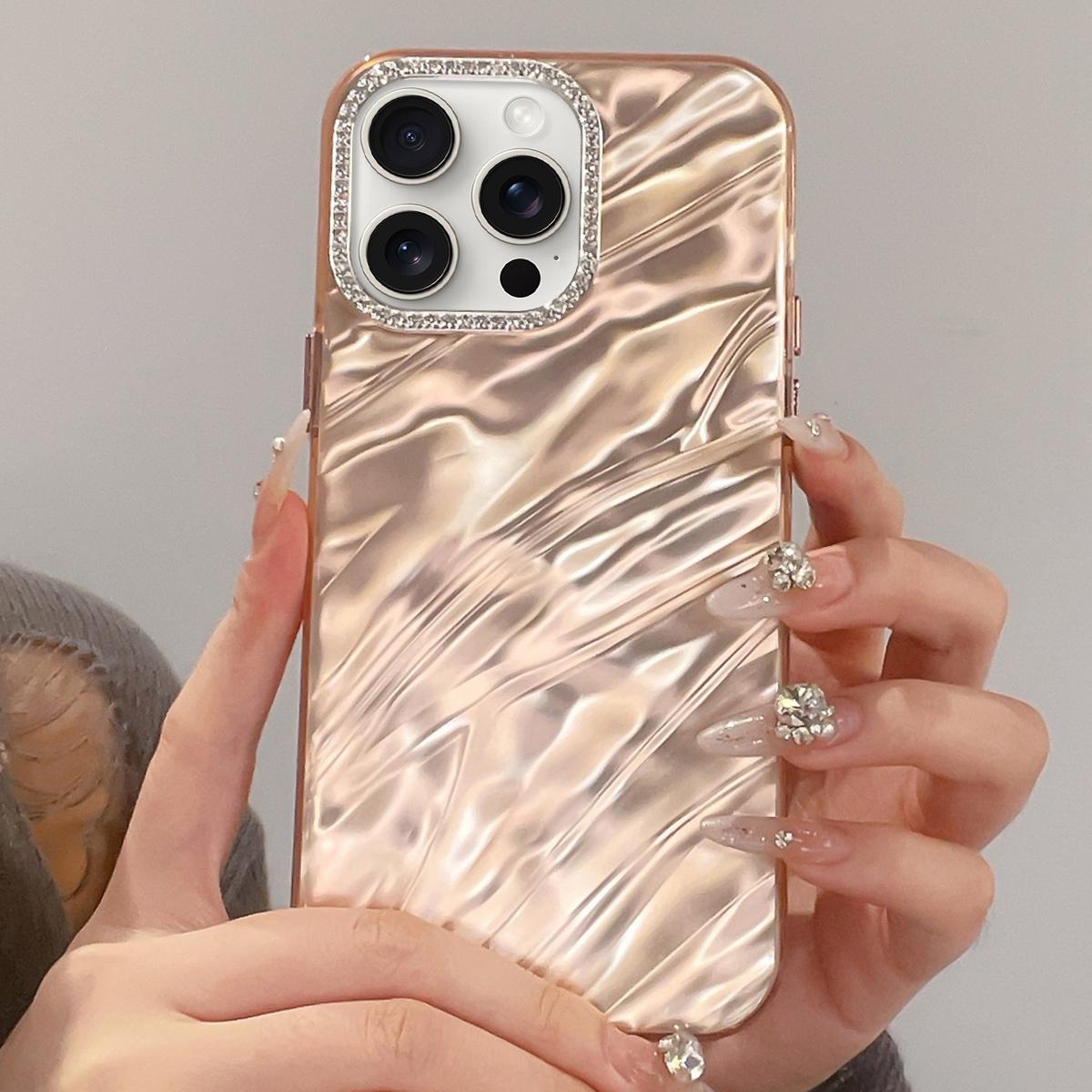 For iPhone 15 Pro Rhinestone Lens Frame Wrinkled Design Phone Case(Transparent Pink) - Shopkiz.com