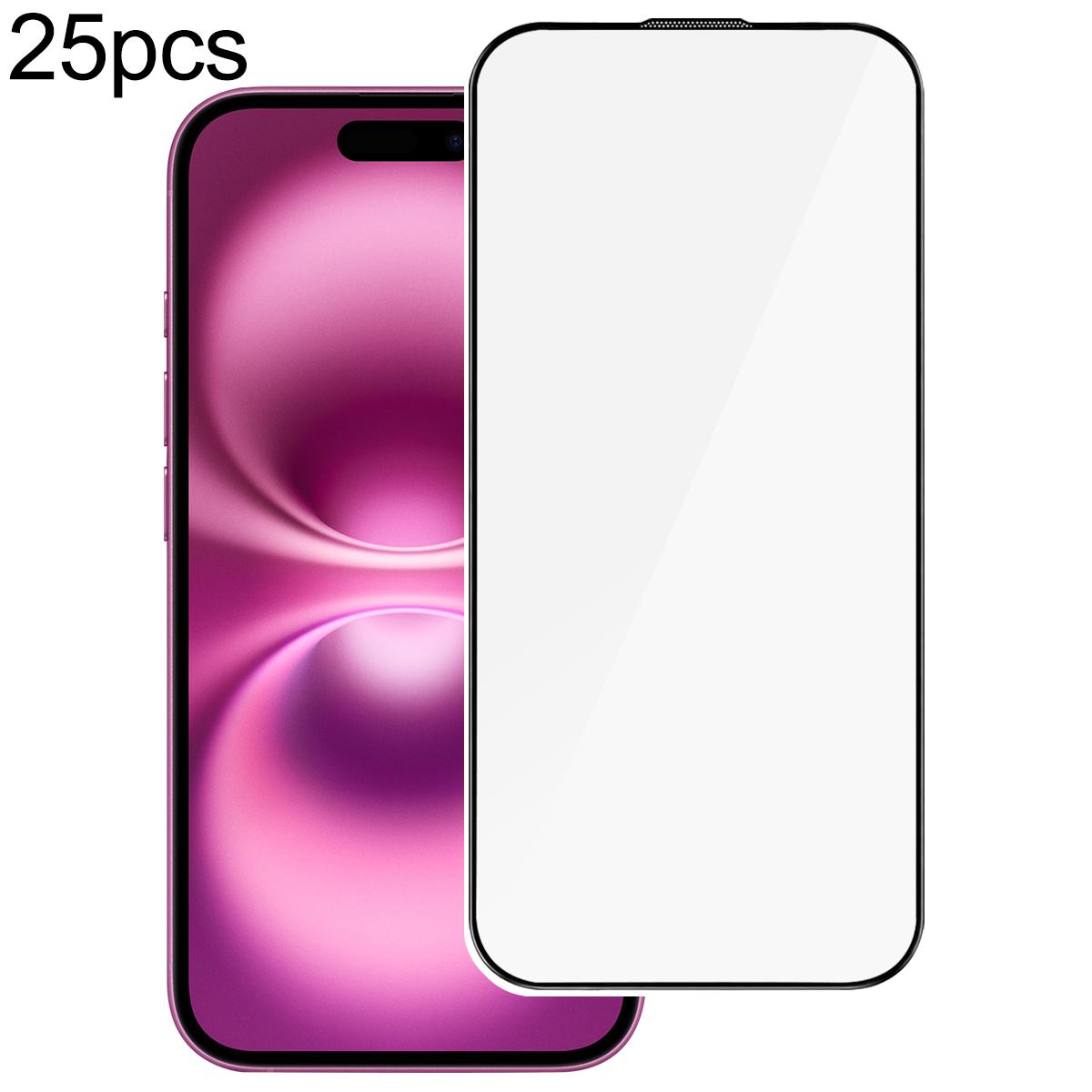 For iPhone 16 / 15 25pcs High Aluminum 380 Glue Silk Screen Printed Tempered Glass Film - Shopkiz.com