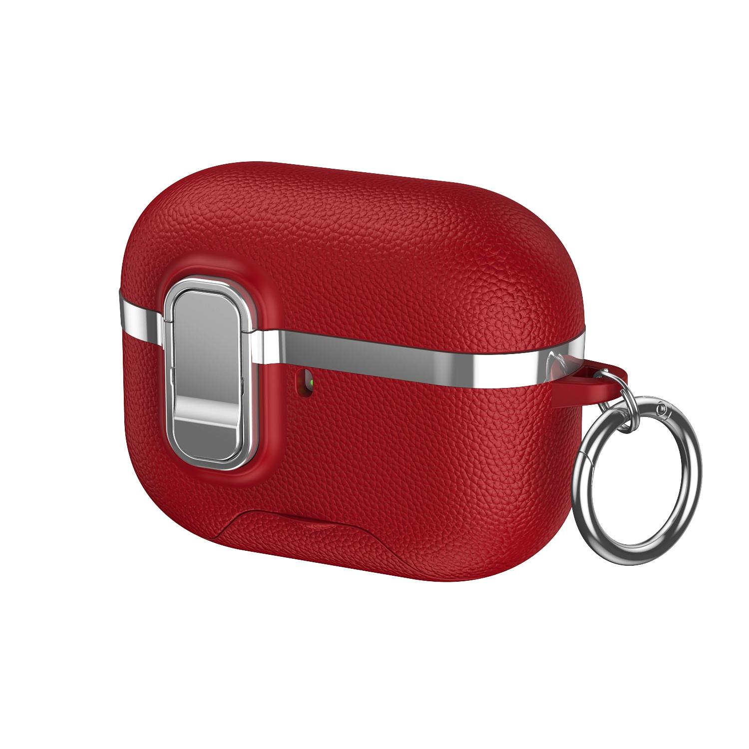 For AirPods Pro 3 Hidden Stand Electroplated Vegan Leather Texture Wireless Earphones Protective Case(Red) - Shopkiz.com