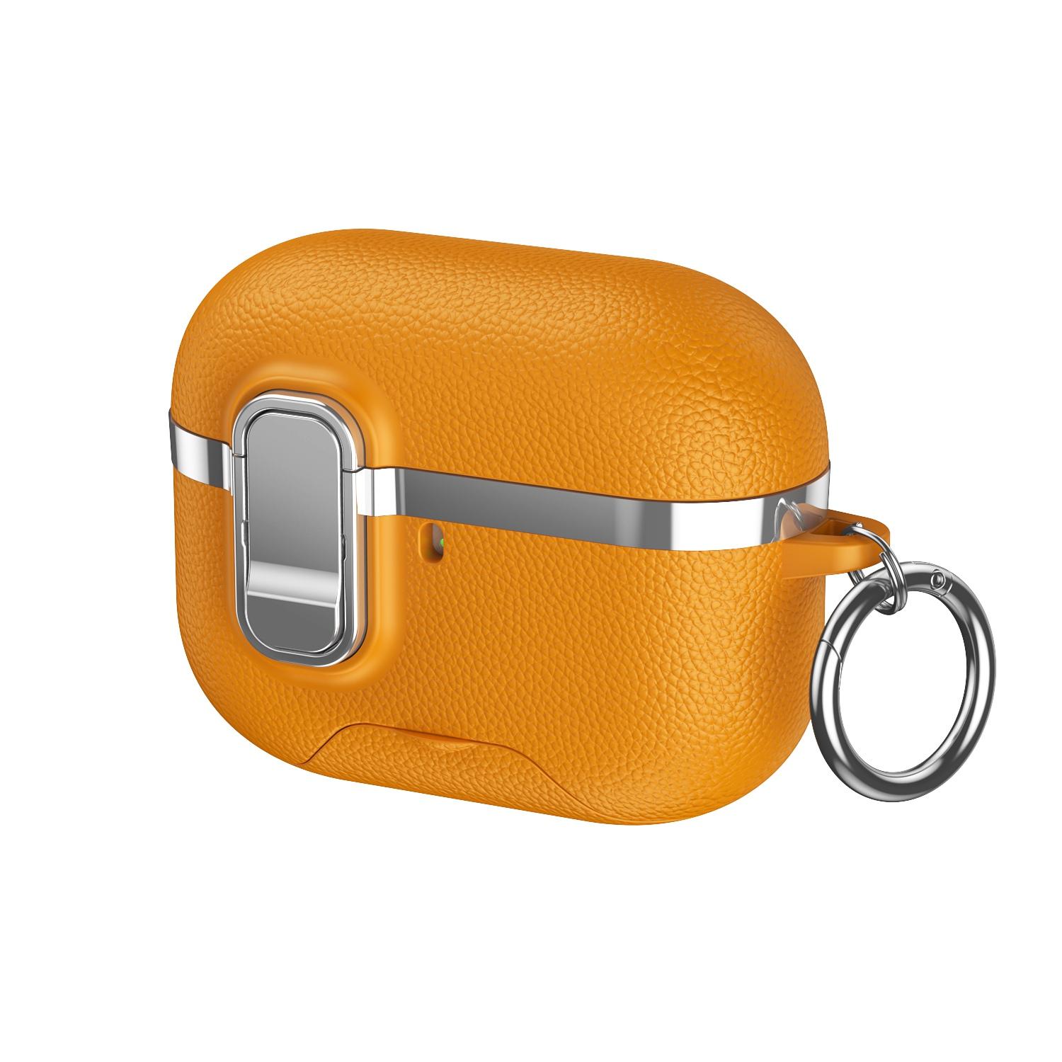 For AirPods Pro Hidden Stand Electroplated Vegan Leather Texture Wireless Earphones Protective Case(Yellow) - Shopkiz.com