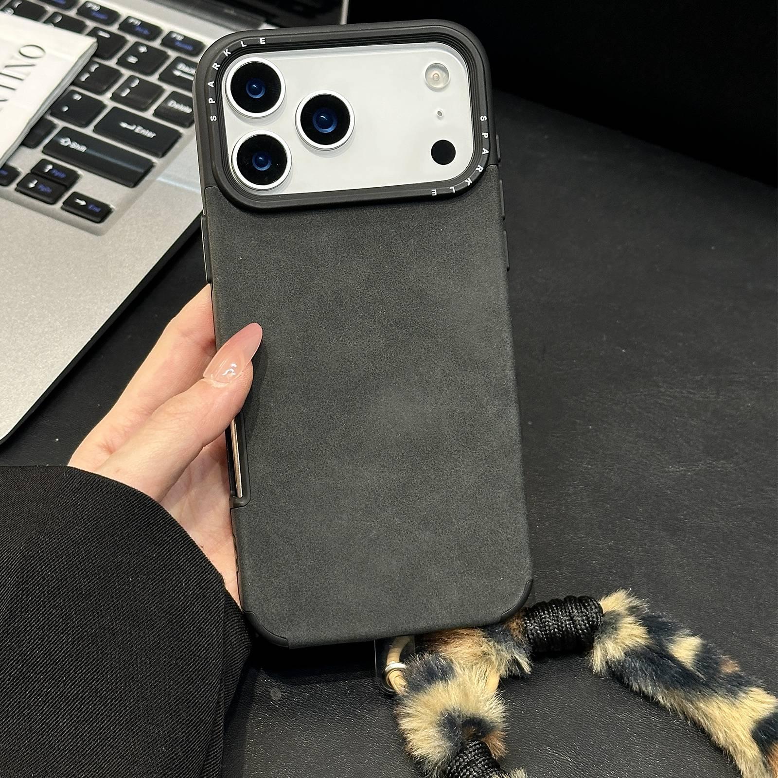 For iPhone 17 Pro Max Faux Suede Fabric TPU Phone Case with Screen-printed Rabbit Plush Rope(Black) - Shopkiz.com