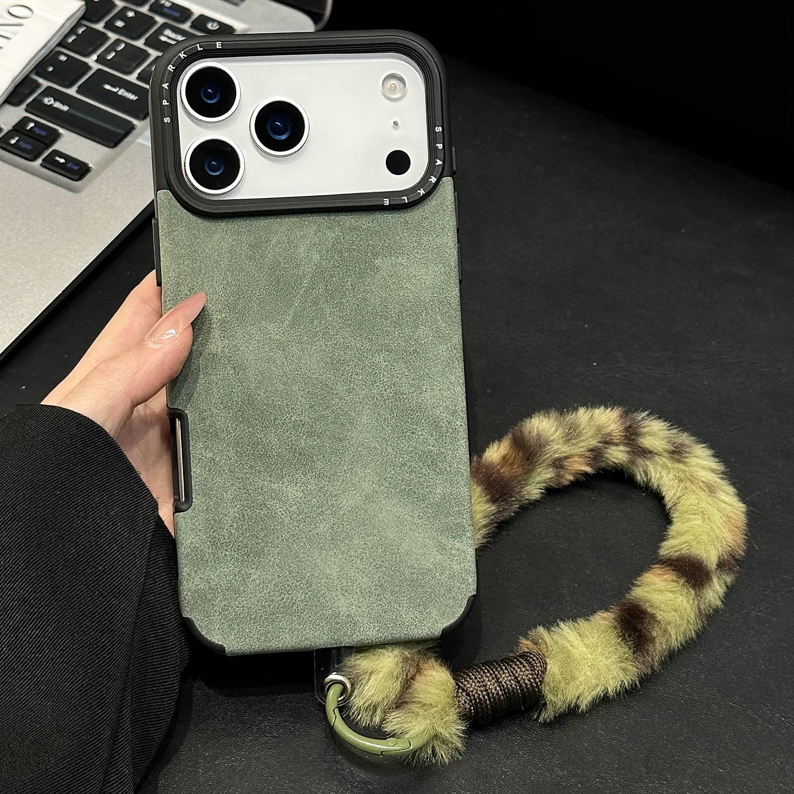 For iPhone 17 Pro Max Faux Suede Fabric TPU Phone Case with Screen-printed Rabbit Plush Rope(Green) - Shopkiz.com