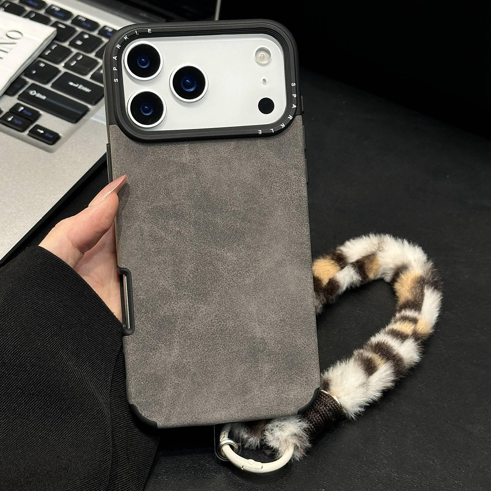For iPhone 17 Pro Faux Suede Fabric TPU Phone Case with Screen-printed Rabbit Plush Rope(Grey) - Shopkiz.com