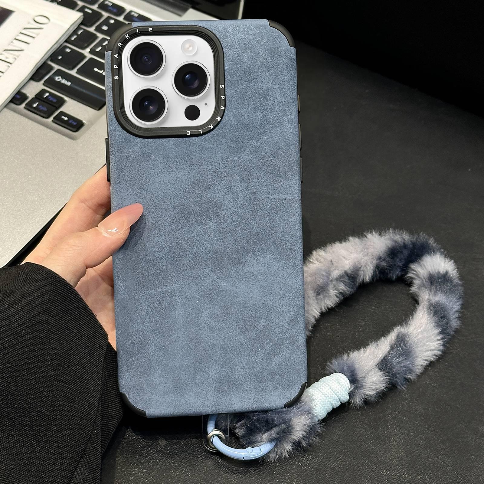 For iPhone 15 Pro Max Faux Suede Fabric TPU Phone Case with Screen-printed Rabbit Plush Rope(Blue) - Shopkiz.com