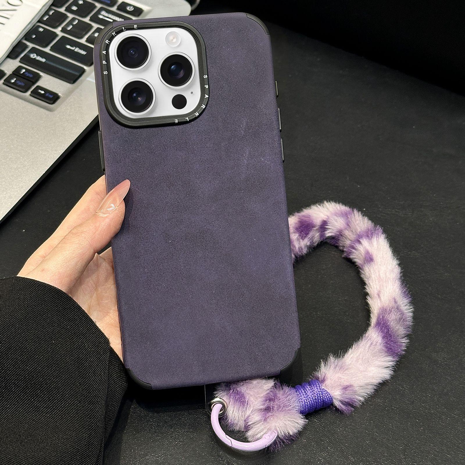 For iPhone 15 Pro Faux Suede Fabric TPU Phone Case with Screen-printed Rabbit Plush Rope(Purple) - Shopkiz.com