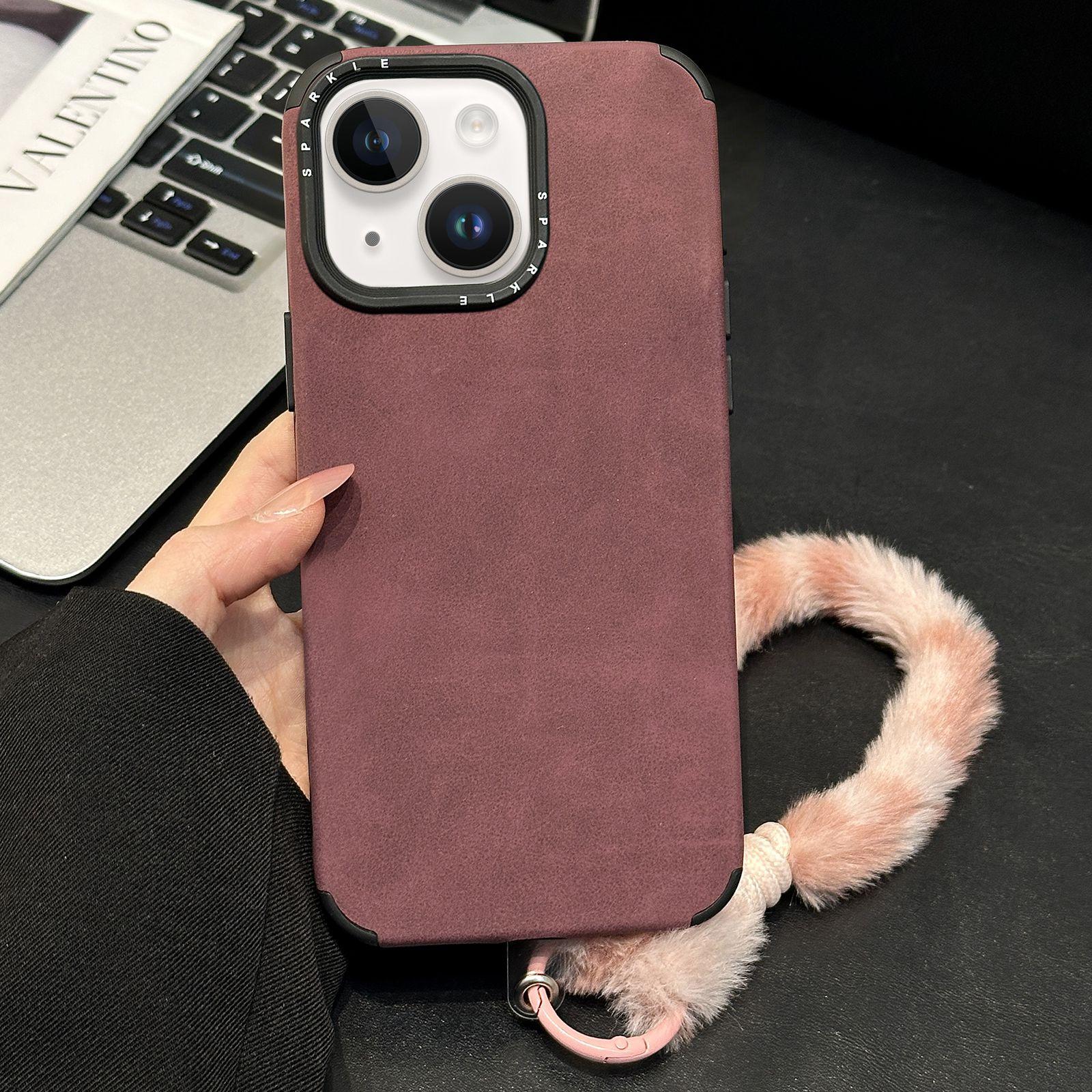 For iPhone 15 Plus / 14 Plus Faux Suede Fabric TPU Phone Case with Screen-printed Rabbit Plush Rope(Red) - Shopkiz.com