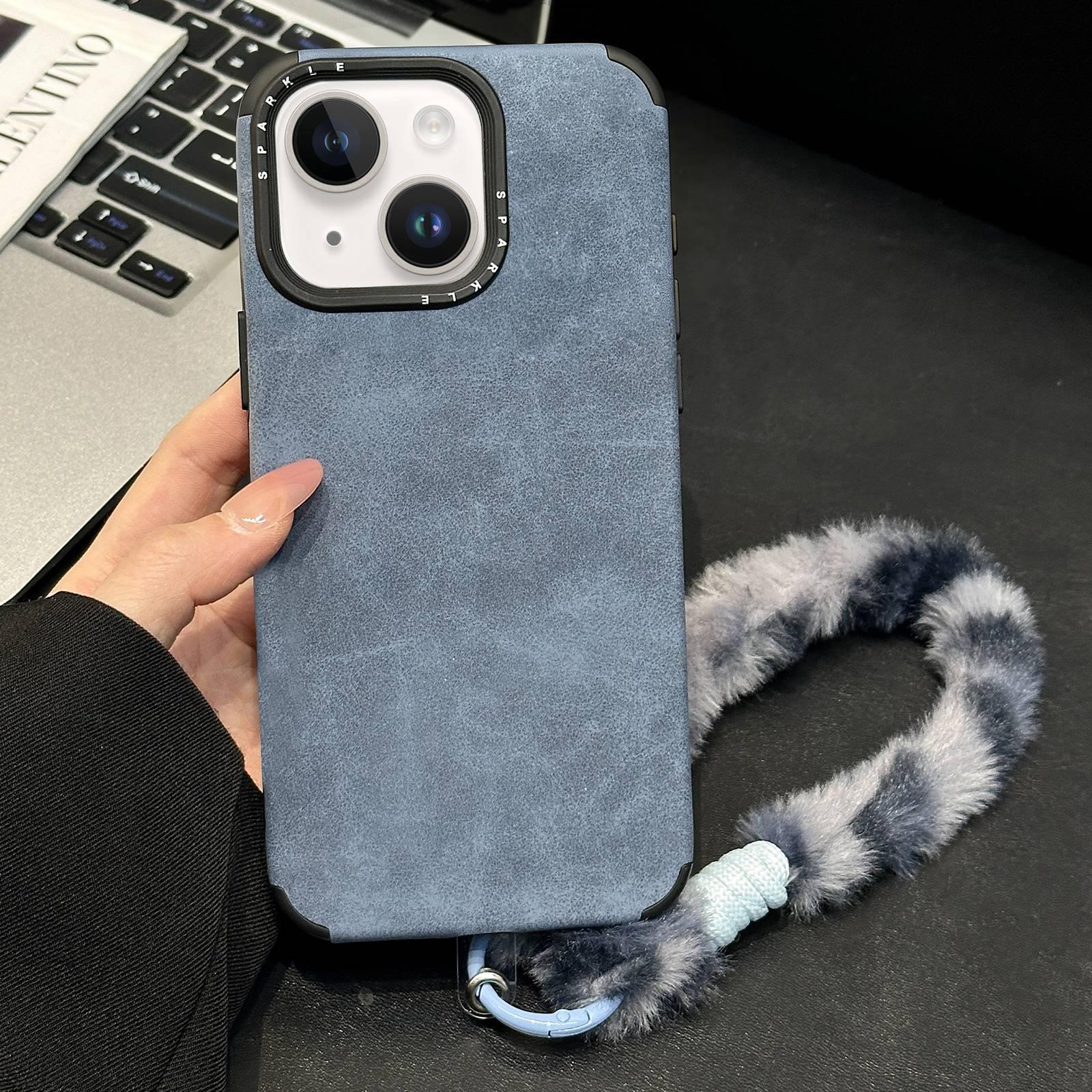 For iPhone 15 Faux Suede Fabric TPU Phone Case with Screen-printed Rabbit Plush Rope(Blue) - Shopkiz.com