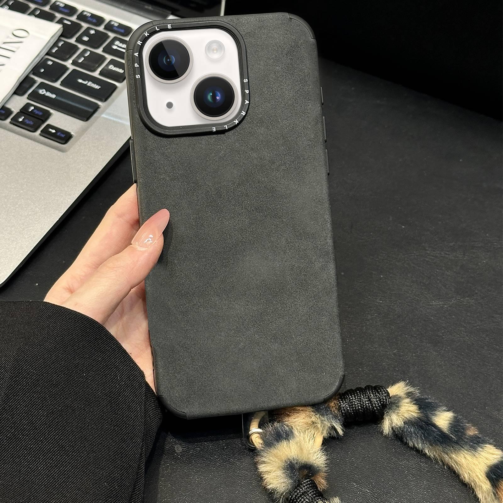 For iPhone 15 Faux Suede Fabric TPU Phone Case with Screen-printed Rabbit Plush Rope(Black) - Shopkiz.com