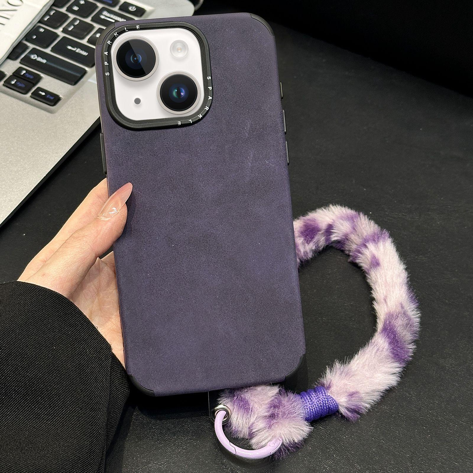 For iPhone 15 Faux Suede Fabric TPU Phone Case with Screen-printed Rabbit Plush Rope(Purple) - Shopkiz.com