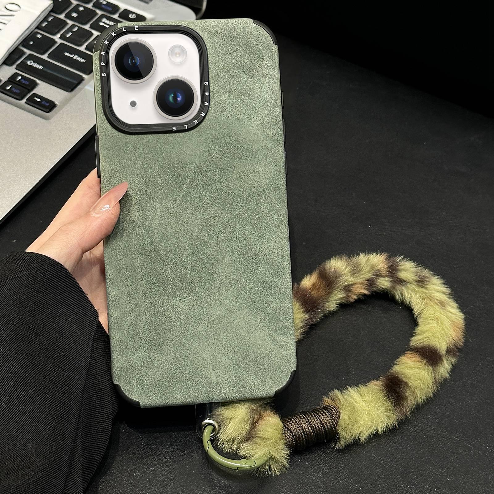 For iPhone 13 Faux Suede Fabric TPU Phone Case with Screen-printed Rabbit Plush Rope(Green) - Shopkiz.com