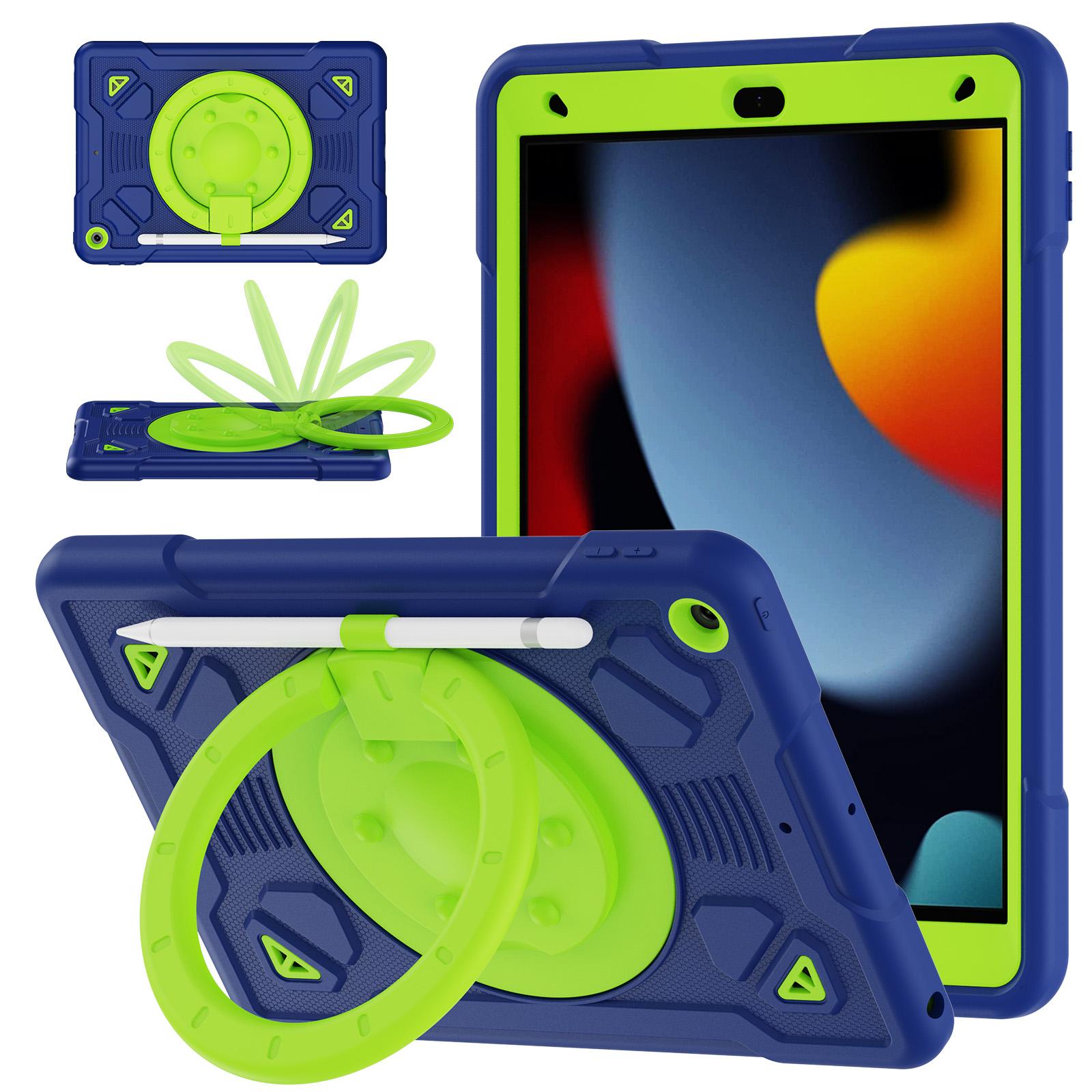 For iPad 10.2 2021 / 2020 / 2019 Space Planet Ring Holder Silicone Hydric PC Tablet Case with Shoulder Strap(Navy Blue Green) - Shopkiz.com
