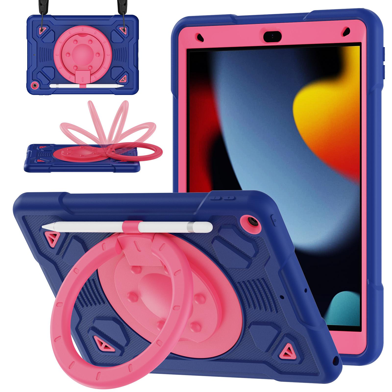 For iPad 10.2 2021 / 2020 / 2019 Space Planet Ring Holder Silicone Hydric PC Tablet Case with Shoulder Strap(Navy Blue Rose Red) - Shopkiz.com