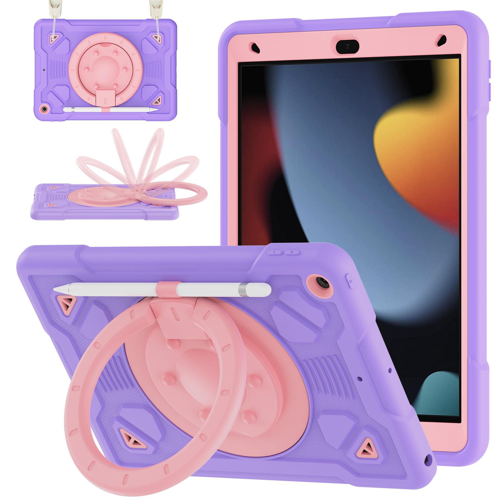 For iPad 10.2 2021 / 2020 / 2019 Space Planet Ring Holder Silicone Hydric PC Tablet Case with Shoulder Strap(Pink Purple) - Shopkiz.com