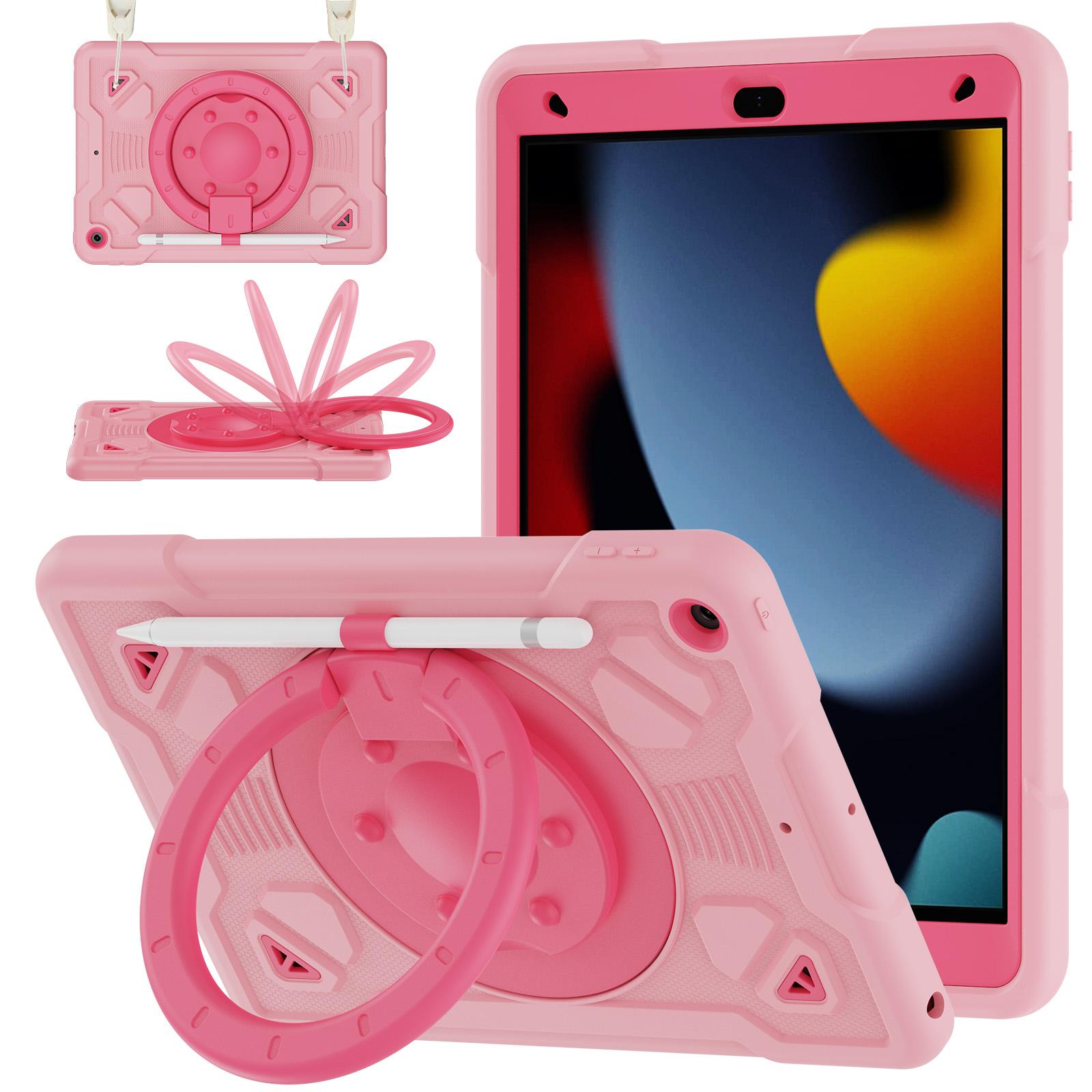 For iPad 10.2 2021 / 2020 / 2019 Space Planet Ring Holder Silicone Hydric PC Tablet Case with Shoulder Strap(Pink Rose Red) - Shopkiz.com