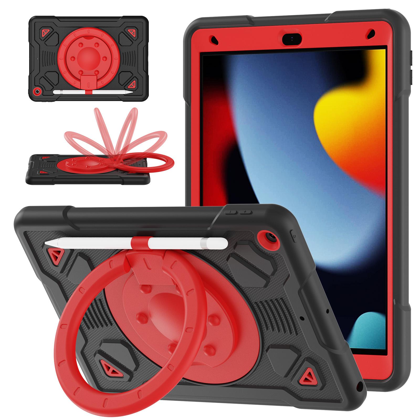 For iPad 10.2 2021 / 2020 / 2019 Space Planet Ring Holder Silicone Hydric PC Tablet Case with Shoulder Strap(Black Red) - Shopkiz.com
